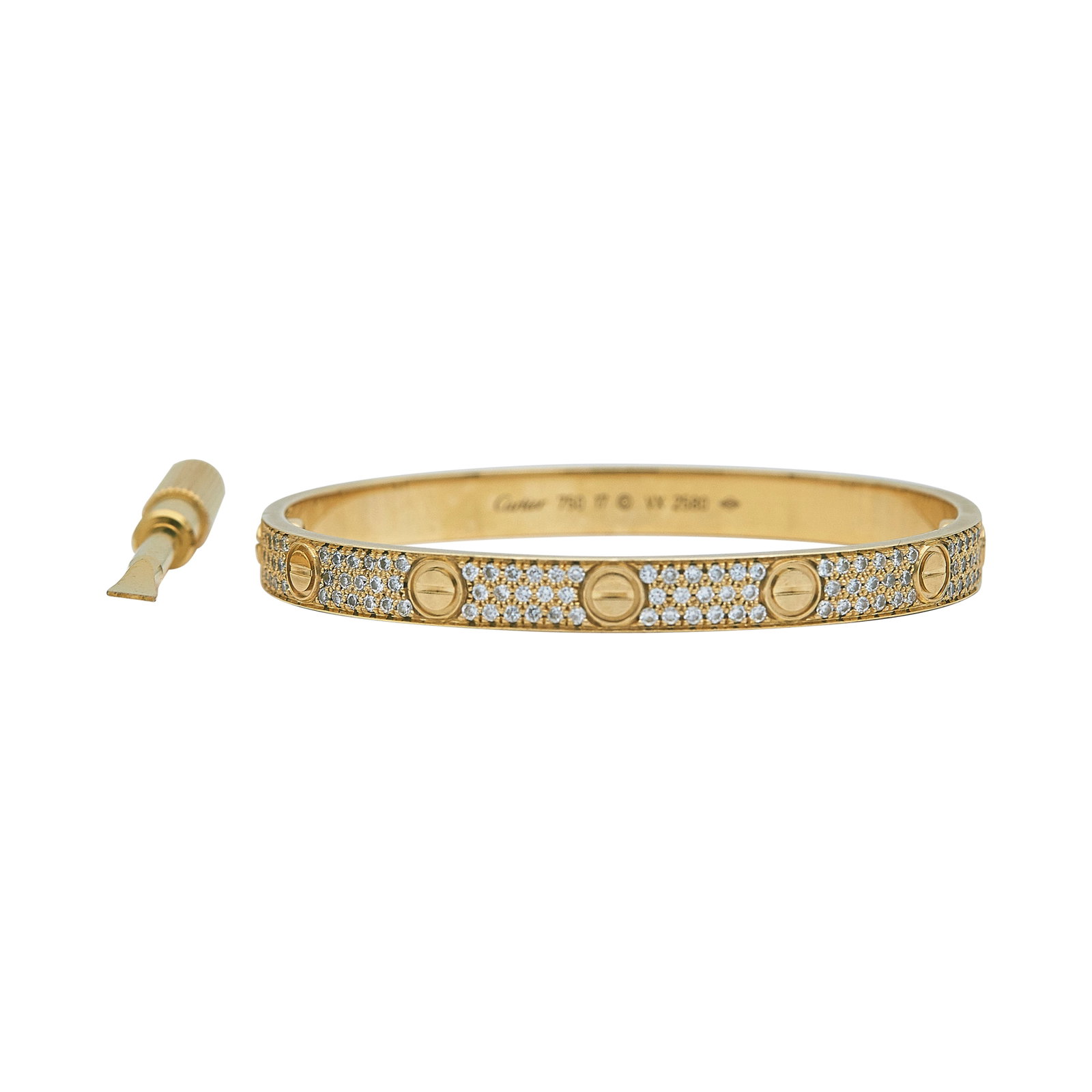 Cartier Love 18K Yellow Gold and Aftermarket Diamond Bracelet: BRAND: Cartier; COLLECTION: Love; METAL: 18K Yellow Gold; APPROXIMATE TOTAL DIAMOND WEIGHT: 2.04 ctw; STAMPED: Cartier, 750, 17, Serial number, Maker's mark; CONDITION: Pre-owned, Good; ITEM WEIGHT (G