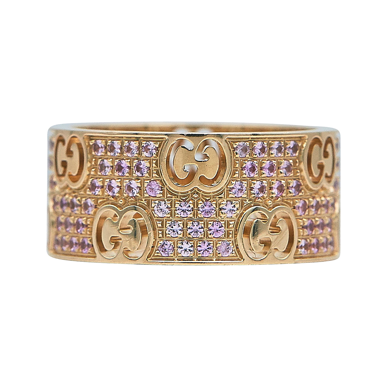 Gucci 18K Rose Gold and Pink Sapphire Band Ring: BRAND: Gucci; METAL: 18K Rose Gold; GEMSTONES: Pink Sapphire; STAMPED: GUCCI, made in italy, 16, Italian workshop mark, 750; CONDITION: Pre-owned, Very Good; ITEM WEIGHT (GRAMS): 9.4 g; MEASUREMENTS: 