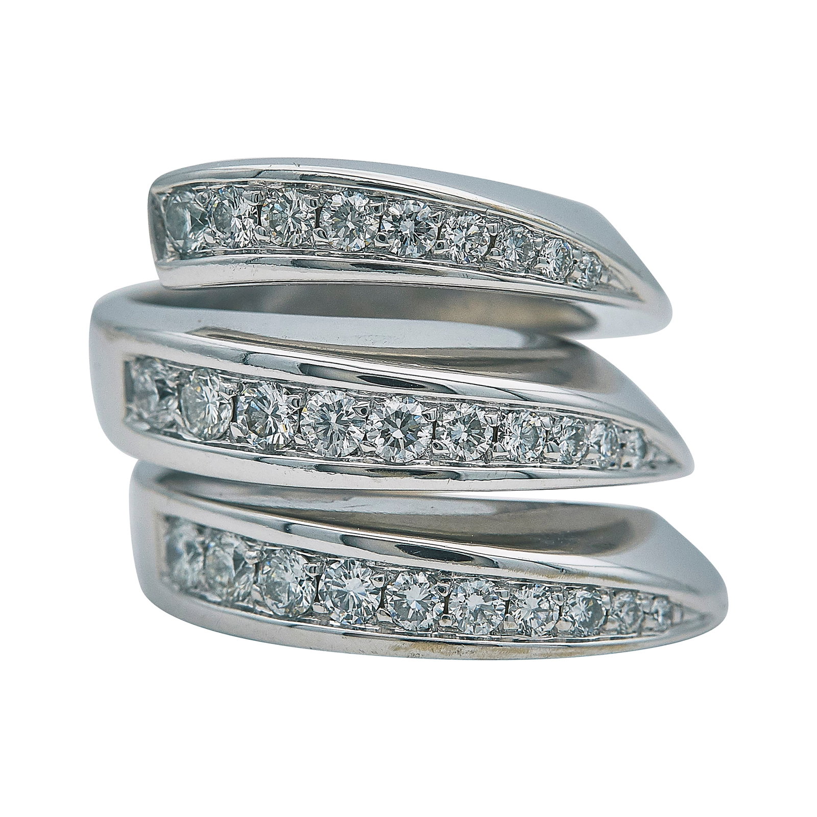 Fred Paris Platinum and Diamond Swirl Ring: BRAND: Fred Paris; METAL: Platinum; APPROXIMATE TOTAL DIAMOND WEIGHT: 1 ctw; STAMPED: MR750, Serial number, FRED PARIS, 50; CONDITION: Pre-owned, Good; ITEM WEIGHT (GRAMS): 18.24 g; MEASUREMENTS: Ring