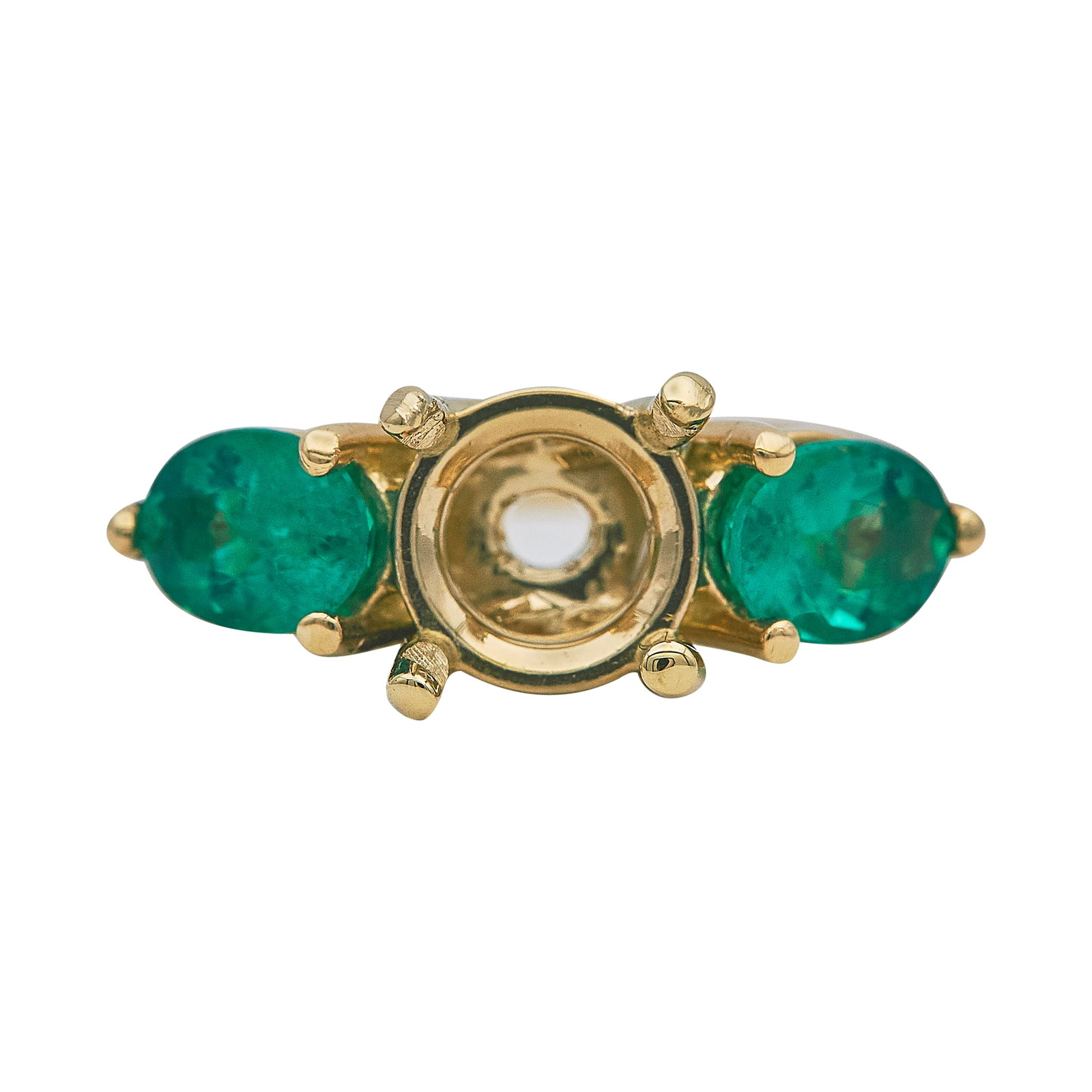 18K Yellow Gold and Emerald Setting: METAL: 18K Yellow Gold; GEMSTONES: Emerald approx. 1.68 carats, Weight estimated by formula; CONDITION: Pre-owned, Very Good; ITEM WEIGHT (GRAMS): 5.4 g; MEASUREMENTS: Ring size 5 1/4, Center will fit