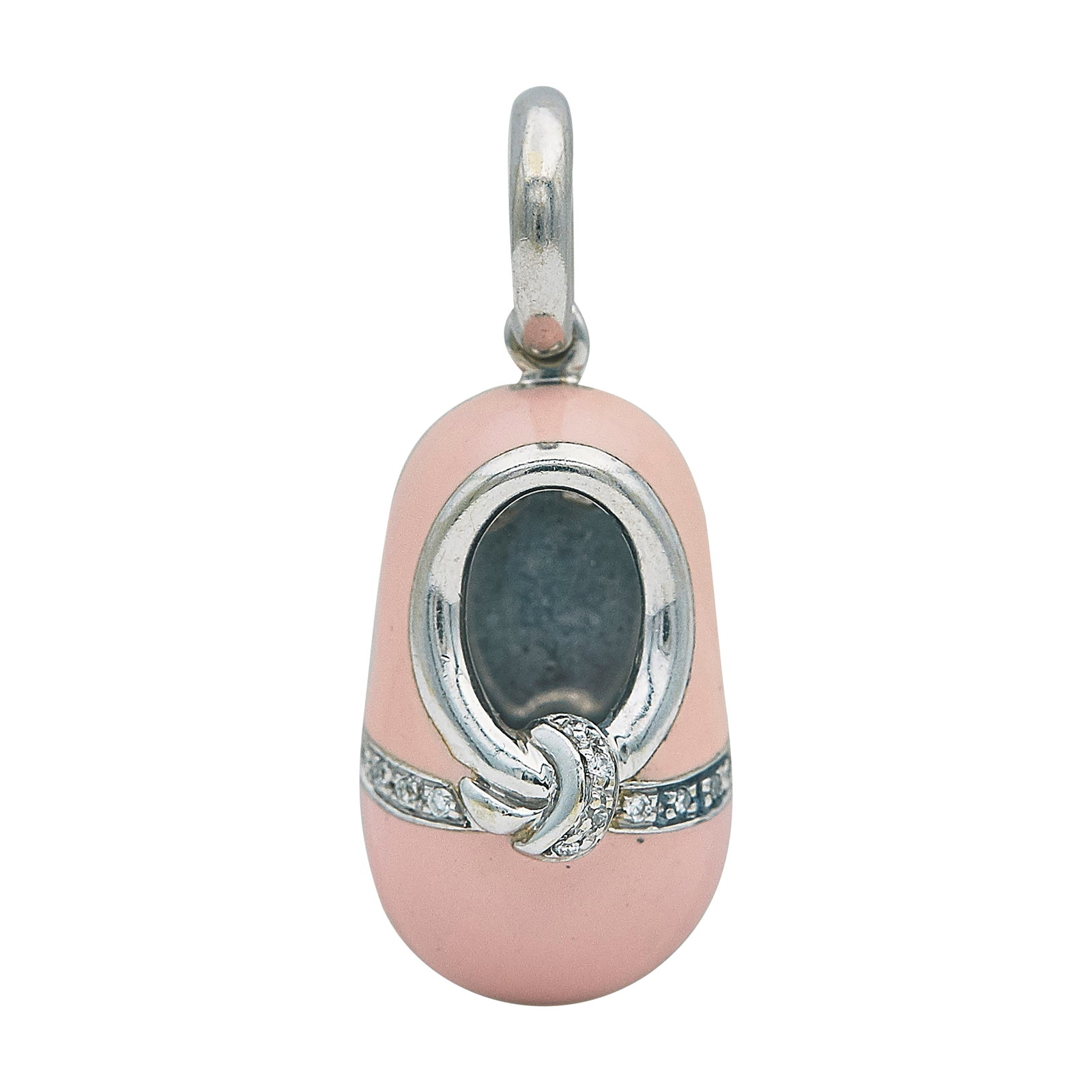 Aaron Basha 18K White Gold Pink Enamel and Diamond Shoe Charm: BRAND: Aaron Basha; METAL: 18K White Gold; APPROXIMATE TOTAL DIAMOND WEIGHT: 0.06 ctw; GEMSTONES: Enamel; STAMPED: Italian Workshop Mark, Aaron Basha; TESTED: 18K White Gold; CONDITION: Pre-owned, Goo