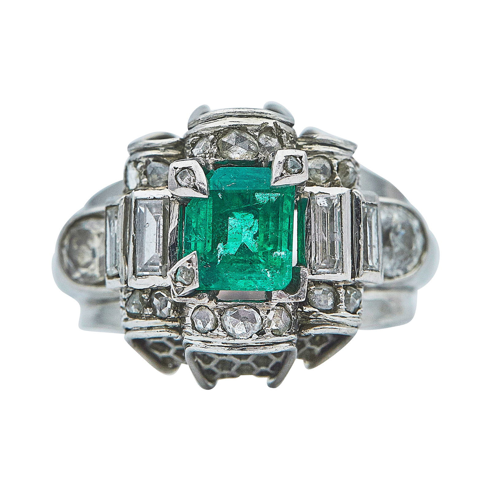 Retro Platinum Emerald and Diamond Cocktail Ring (1 of 3)