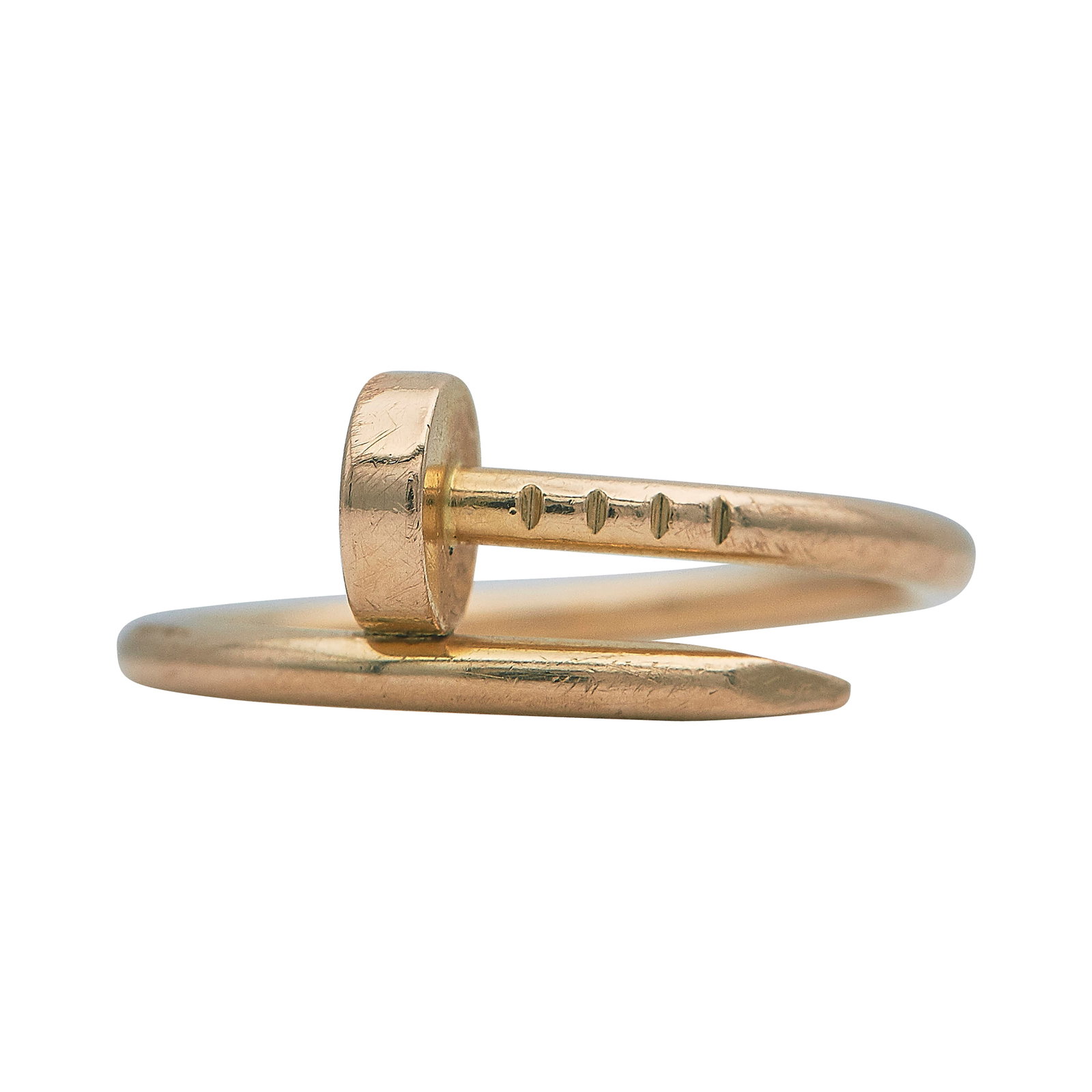Cartier Juste un Clou Small Model 18K Rose Gold Nail Ring: BRAND: Cartier; COLLECTION: Juste un Clou; METAL: 18K Rose Gold; STAMPED: © Cartier, Serial number 50, Au750; CONDITION: Pre-owned, Good; ITEM WEIGHT (GRAMS): 3.27 g; MEASUREMENTS: Cartier ring size 