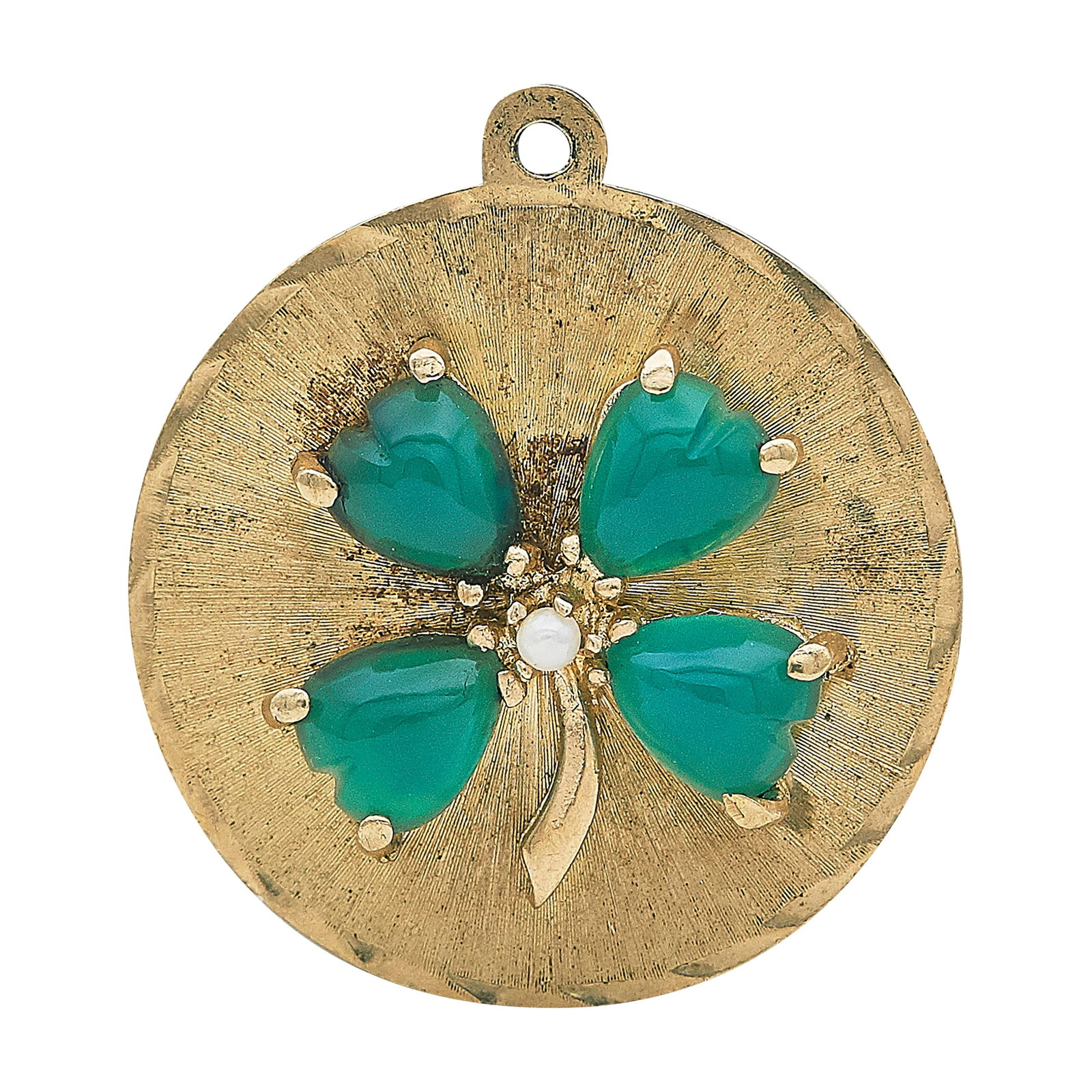 14K Yellow Gold Chrysoprase and Pearl Clover Charm: METAL: 14K Yellow Gold; GEMSTONES: Chrysoprase, Pearl; STAMPED: 14K, SYL; CONDITION: Pre-owned, Good; ITEM WEIGHT (GRAMS): 4.7 g; MEASUREMENTS: Charm 1 1/8 inch long including bail