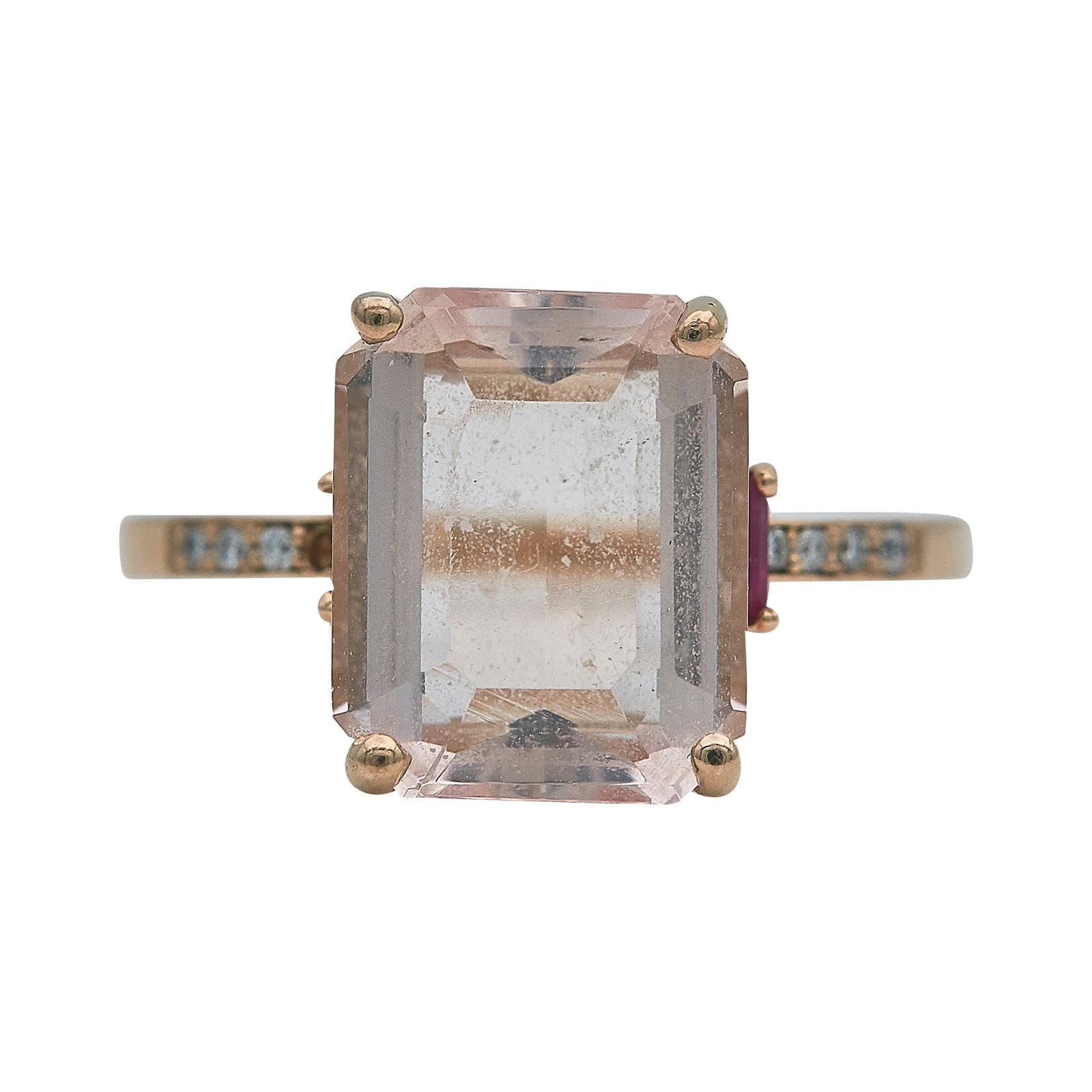 14K Rose Gold Morganite, Ruby, and Diamond Ring: METAL: 14K Rose Gold; APPROXIMATE TOTAL DIAMOND WEIGHT: 0.03 ctw; GEMSTONES: Morganite, Ruby; STAMPED: 14K; CONDITION: Pre-owned, Fair; ITEM WEIGHT (GRAMS): 2.9 g; MEASUREMENTS: Ring size 5 1/2; ADDIT