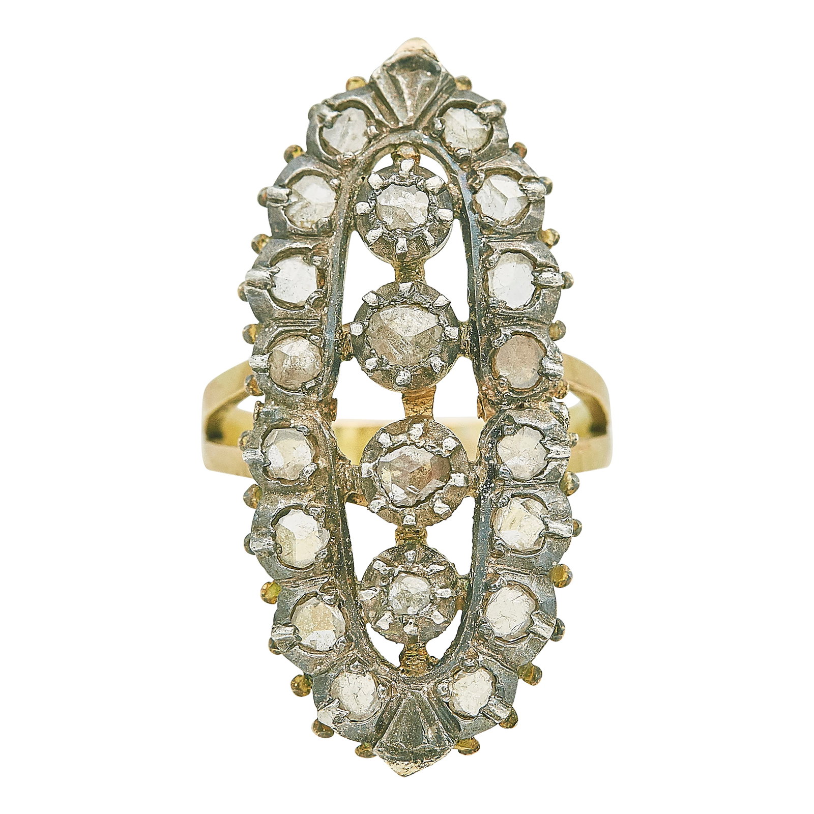 Silver Topped 18K Yellow Gold and Rose Cut Diamond Plaque Ring: METAL: 18K Yellow Gold, Silver; APPROXIMATE TOTAL DIAMOND WEIGHT: 0.40 ctw; TESTED: 18K Yellow Gold, Silver; CONDITION: Pre-owned, Good; ITEM WEIGHT (GRAMS): 8.8 g; MEASUREMENTS: Ring size 7 1/4, Cent