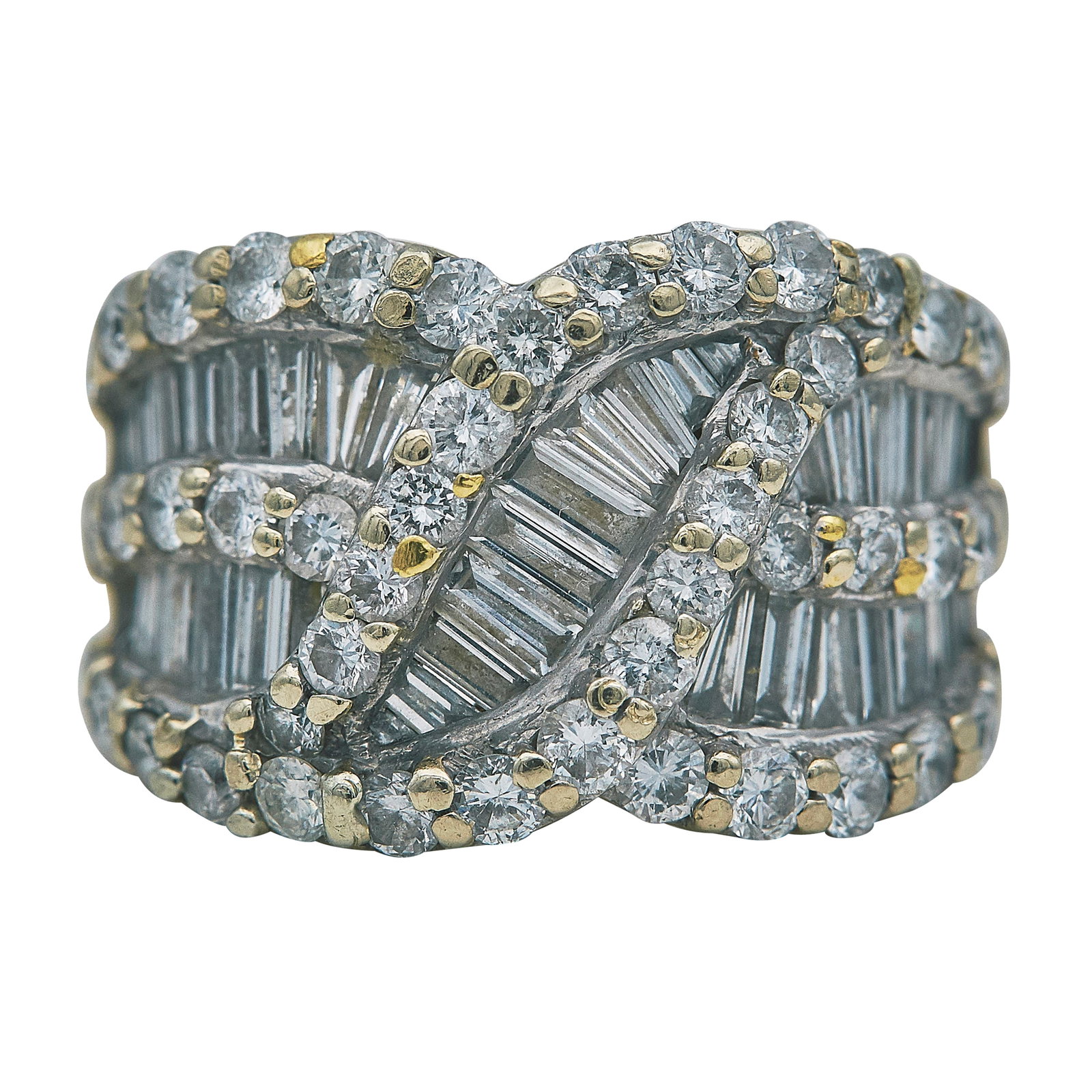 18K White Gold Baguette and Round Cut Diamond Ring: METAL: 18K White Gold; APPROXIMATE TOTAL DIAMOND WEIGHT: 1.92 ctw; STAMPED: 750; CONDITION: Pre-owned, Good; ITEM WEIGHT (GRAMS): 10.8 g; MEASUREMENTS: Ring size 5 3/4, Ring 9/16 inch wide