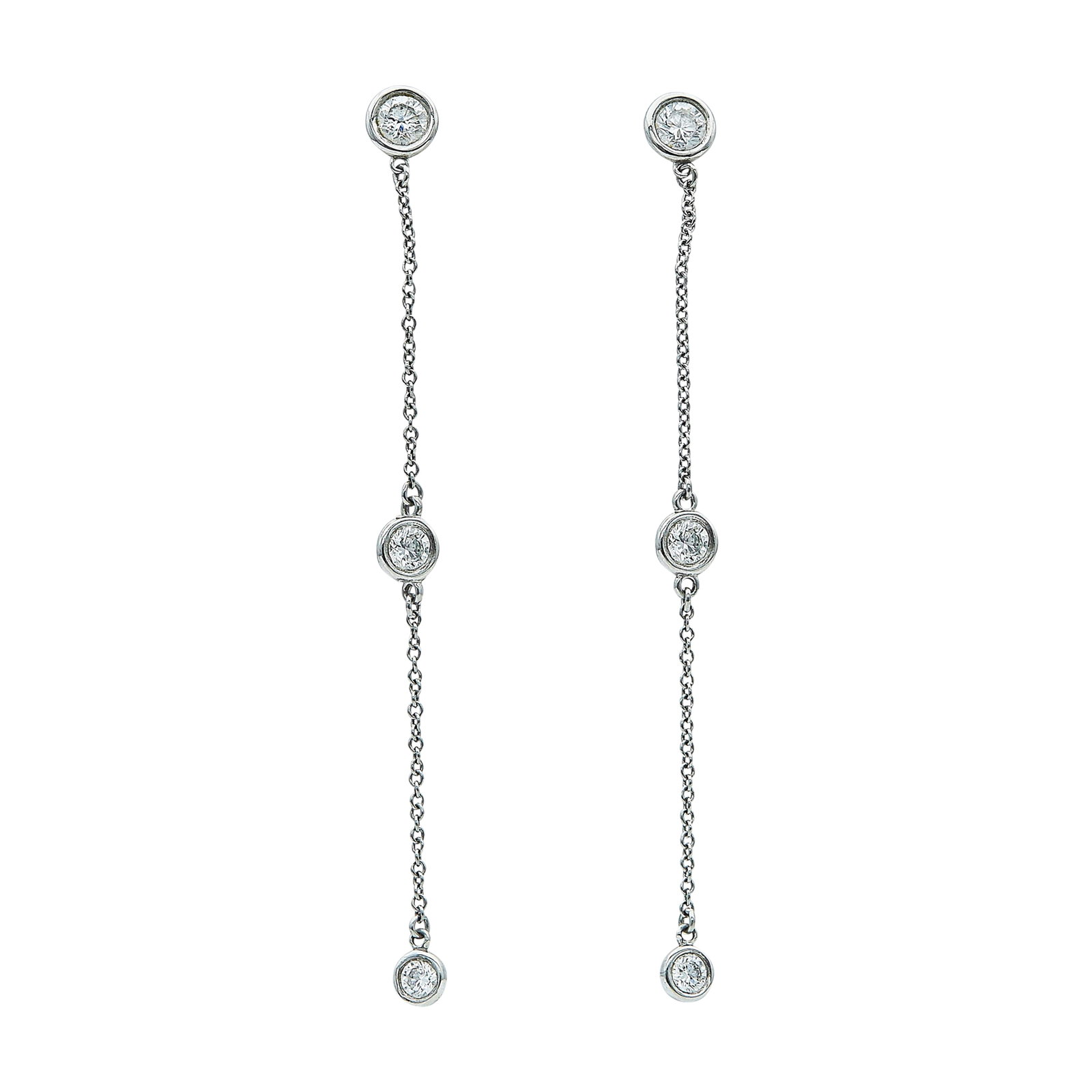Elsa Peretti for Tiffany & Co. Diamonds by the Yard Platinum and Diamond Drop Earrings: BRAND: Elsa Peretti for Tiffany & Co.; COLLECTION: Diamonds by the Yard; METAL: Platinum; APPROXIMATE TOTAL DIAMOND WEIGHT: 0.80 ctw; STAMPED: T & Co., Pt950; CONDITION: Pre-owned, Very Good; ITEM WEI