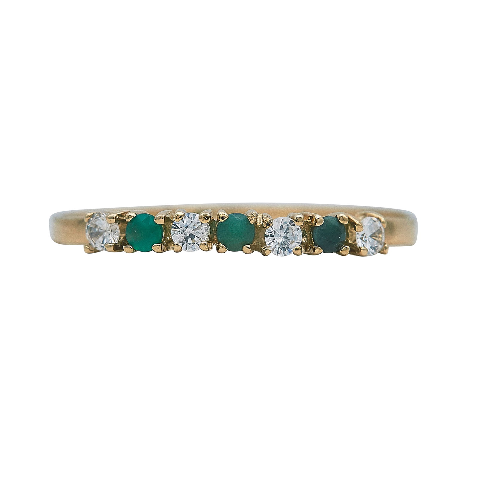 14K Yellow Gold Emerald and Diamond Band Ring: METAL: 14K Yellow Gold; APPROXIMATE TOTAL DIAMOND WEIGHT: 0.12 ctw; GEMSTONES: Emerald; STAMPED: 14KT; CONDITION: Pre-owned, Good; ITEM WEIGHT (GRAMS): 0.79 g; MEASUREMENTS: Ring size 7 1/2; ADDITIONA