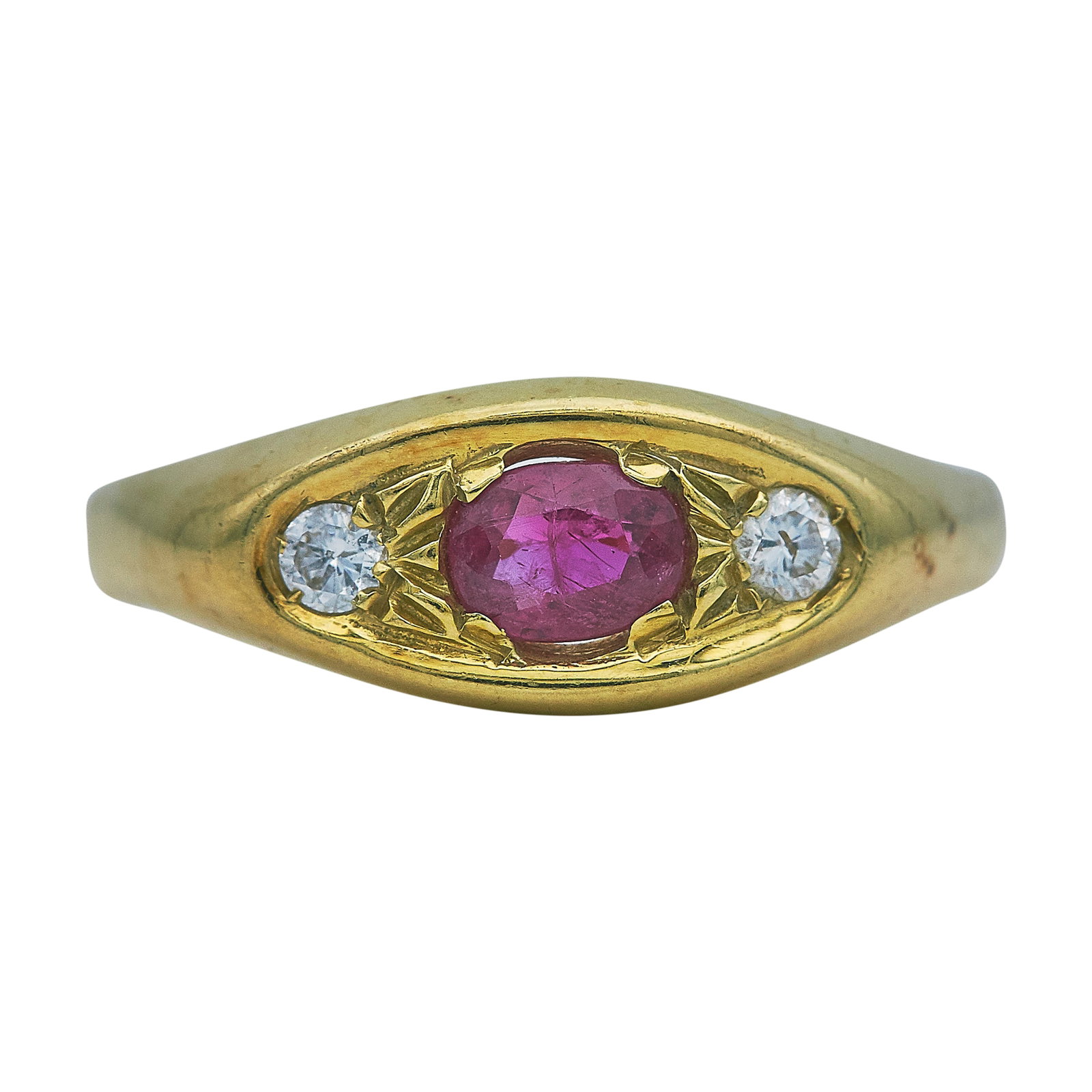 18K Yellow Gold Ruby and Diamond Ring: METAL: 18K Yellow Gold; APPROXIMATE TOTAL DIAMOND WEIGHT: 0.12 ctw; GEMSTONES: Ruby approx. 0.42 carats, Weight estimated by formula; TESTED: 18K Yellow Gold; CONDITION: Pre-owned, Fair; ITEM WEIGHT (