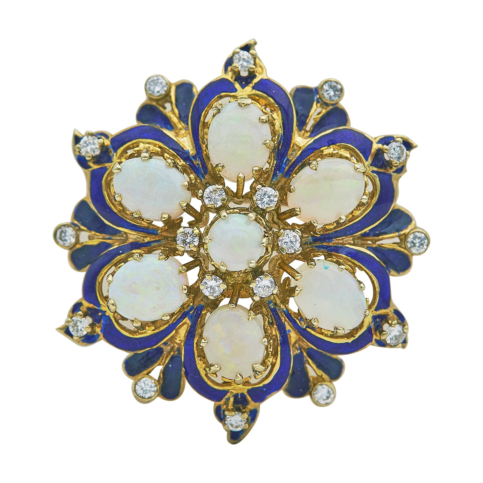 14K Yellow Gold Opal, Enamel, and Diamond Pendant Brooch: METAL: 14K Yellow Gold; APPROXIMATE TOTAL DIAMOND WEIGHT: 0.54 ctw; GEMSTONES: Opal and Enamel; STAMPED: numbered, rubbed mark; TESTED: 14K Yellow Gold; CONDITION: Pre-owned, Very Good; ITEM WEIGHT (G