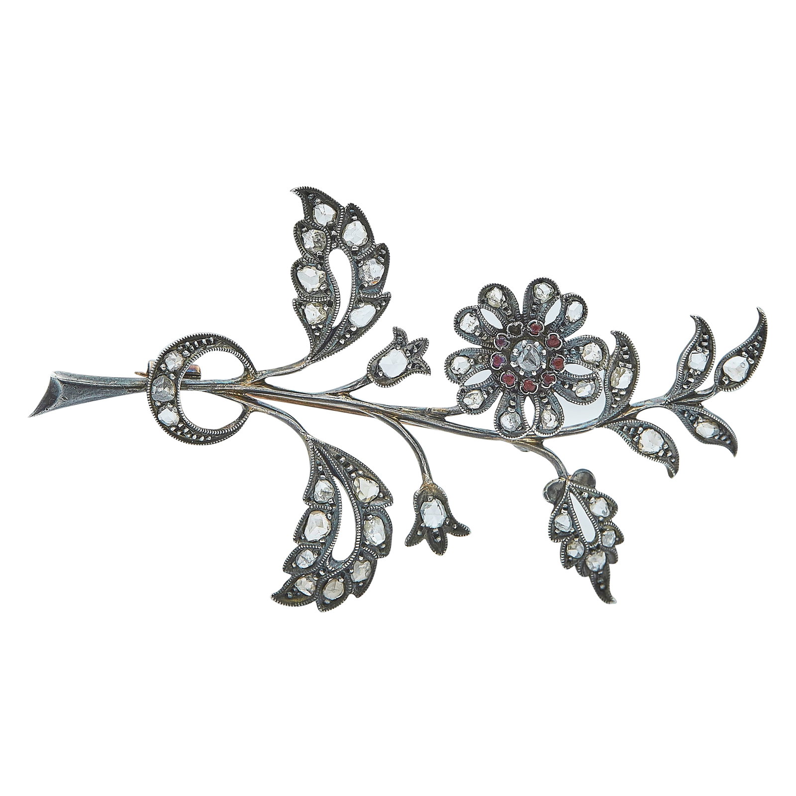 Antique Style Silver Diamond and Red Stone Flower Pin Brooch: METAL: Silver; TESTED: Silver; CONDITION: Pre-owned, Good; ITEM WEIGHT (GRAMS): 10 g; MEASUREMENTS: Brooch 3 inches long x 1 3/4 inch wide; ADDITIONAL COMMENTS: Rose cut diamond carat weight not avail