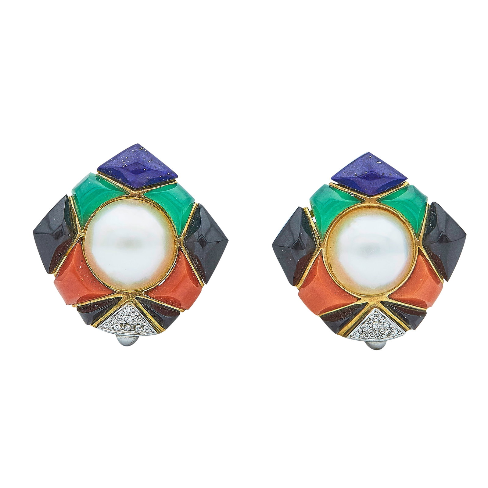 Vasari 18K Yellow and White Gold Pearl, Onyx, Coral, Chrysoprase, Lapis, and Diamond Earrings: BRAND: Vasari; METAL: 18K Yellow Gold/White Gold; APPROXIMATE TOTAL DIAMOND WEIGHT: 0.09 ctw; GEMSTONES: Pearl, Onyx, Coral, Chrysoprase, and Lapis; STAMPED: Vasari, Unidentified Mark; TESTED: 18K Yel