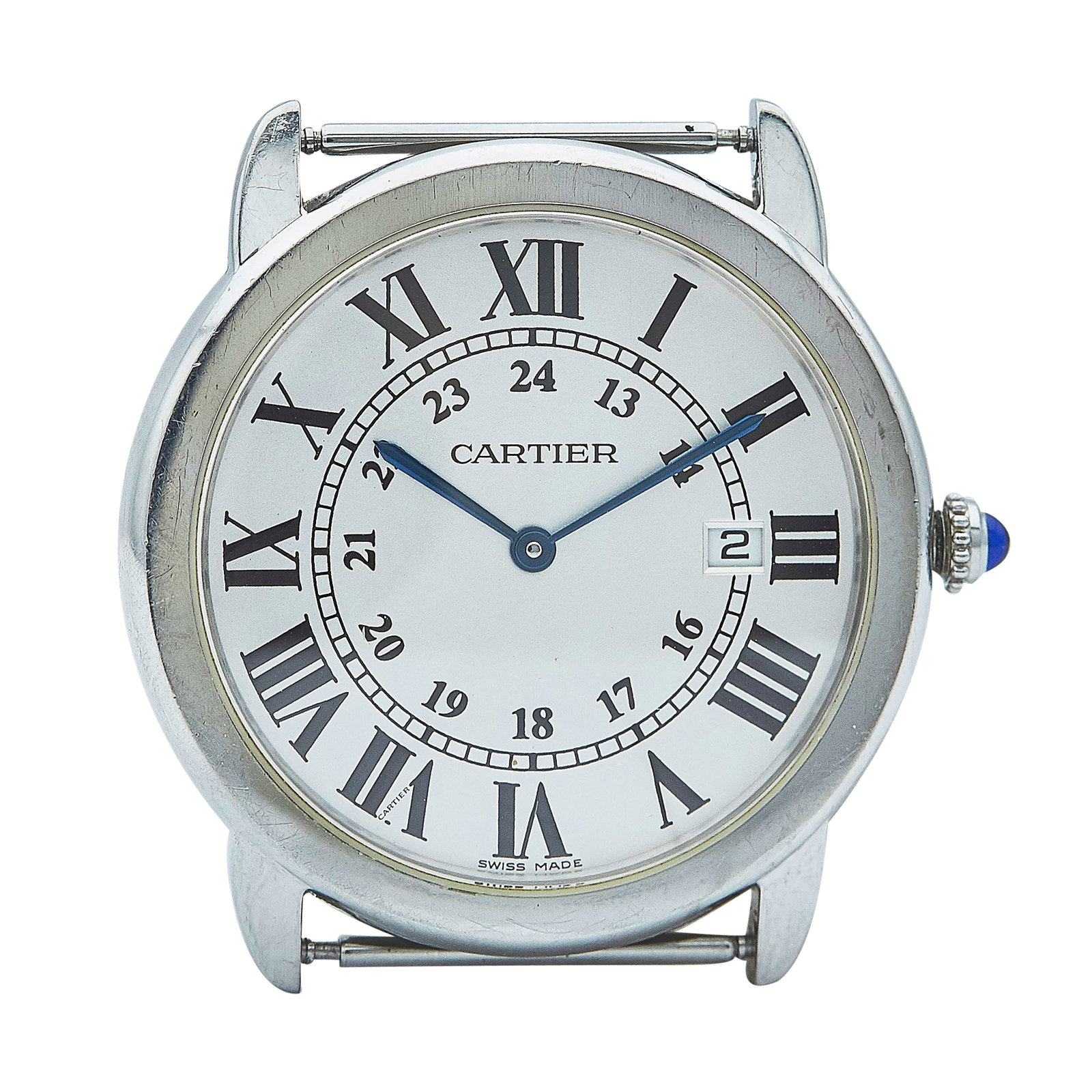 Cartier Ronde Solo Stainless Steel Watch Head and Clasp Ref. W6700255, circa 2015: BRAND: Cartier; STYLE: Ronde Solo; REF. #: W6700255; CONDITION: Pre-owned, Good; YEAR: Circa 2015; ADDITIONAL COMMENTS: Scratches throughout case and clasp; CASE SIZE (mm): 36; CASE MATERIAL: Stainles