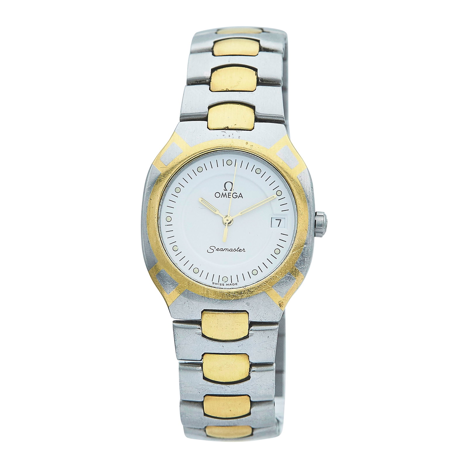 Omega Seamaster Polaris 18K Yellow Gold/SS Watch Ref. DB 396.1022, circa 1987: BRAND: Omega; STYLE: Seamaster; REF. #: DB 396.1022; CONDITION: Pre-owned, Good; YEAR: Circa 1987; ADDITIONAL COMMENTS: Scratches throughout watch, Abrasions on edge of crystal, Watch not running-Serv