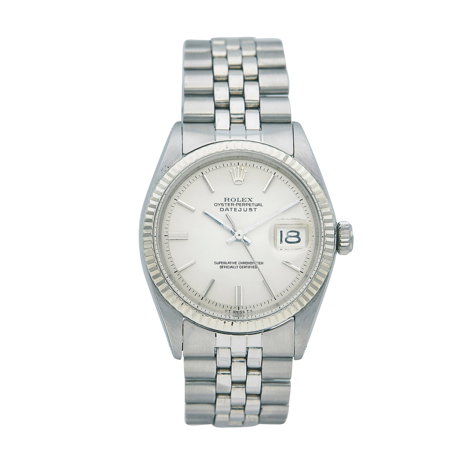 Rolex DateJust 36 18K White Gold/SS Watch Ref. 1601, circa 1972: BRAND: Rolex; STYLE: DateJust 36; REF. #: 1601; CONDITION: Pre-owned, Very Good; YEAR: Circa 1972; ADDITIONAL COMMENTS: 3.1 mil serial, Scratches throughout watch, Light scratches throughout acrylic c