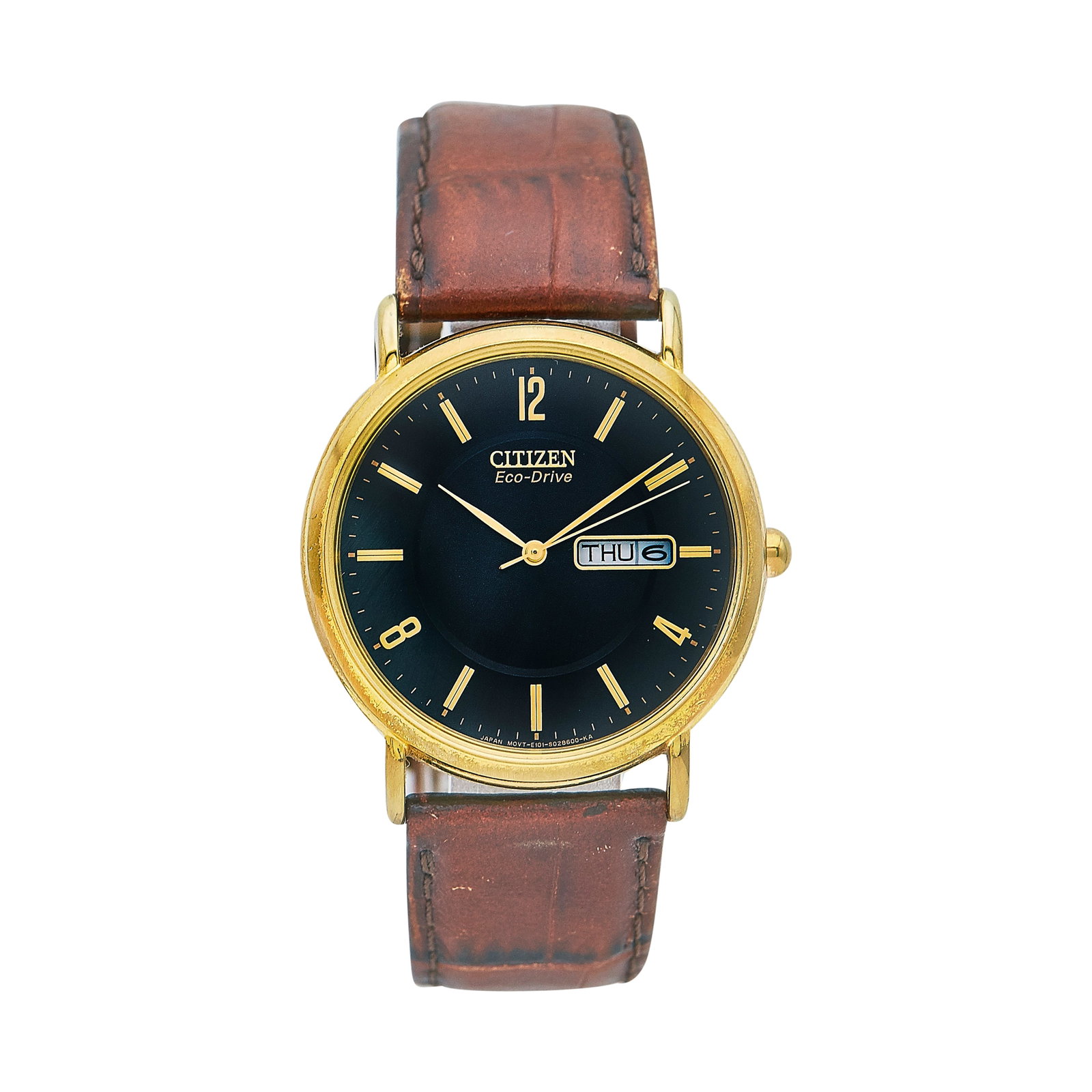 Citizen Eco Drive Stainless Steel Watch Ref. E101-S015588, circa 2000: BRAND: Citizen; REF. #: E101-S015588; CONDITION: Pre-owned, Fair; YEAR: Circa 2000; ADDITIONAL COMMENTS: Scratches throughout case, Light scratches on crystal, Wear to leather strap-replacement needed