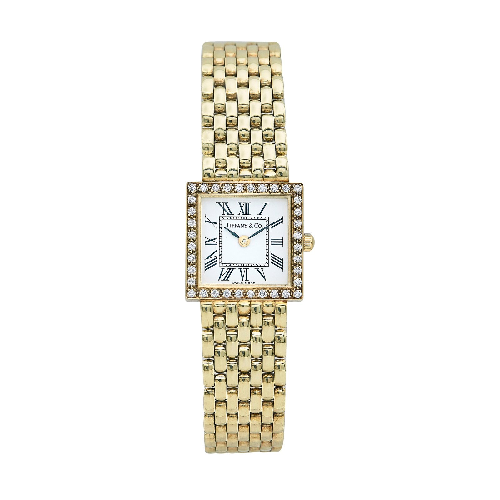 Tiffany & Co. 14K Yellow Gold and Diamond Watch Ref. 31055, circa 1990: BRAND: Tiffany & Co.; REF. #: 31055; CONDITION: Pre-owned, Very Good; YEAR: Circa 1990; ADDITIONAL COMMENTS: Scratches throughout watch, 41.3 grams; CASE SIZE (mm): 19 x 19; CASE MATERIAL: 14K Yellow 
