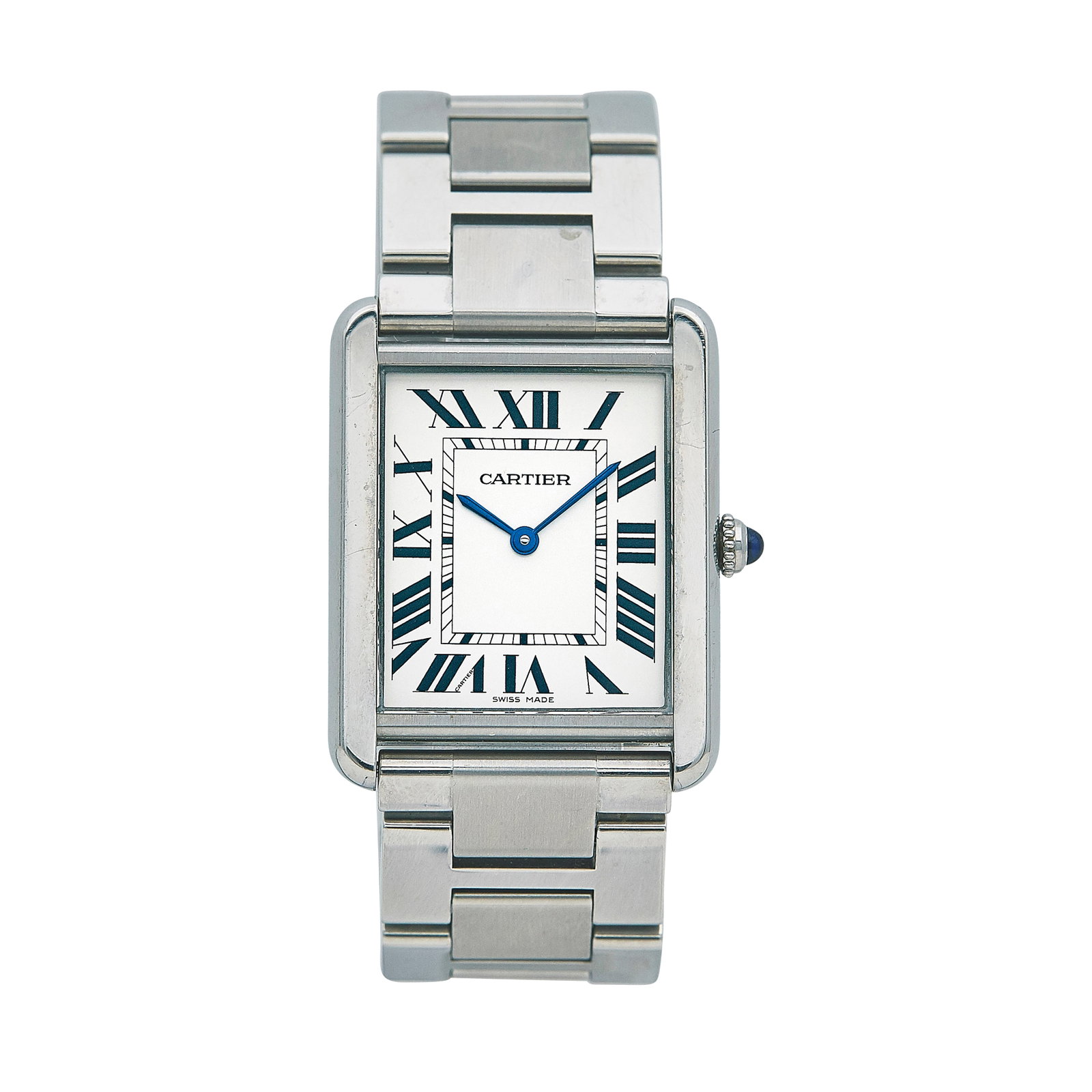 Cartier Tank Solo Stainless Steel Watch Ref. W5200014, circa 2015: BRAND: Cartier; STYLE: Tank Solo; REF. #: W5200014; CONDITION: Pre-owned, Good; YEAR: Circa 2015; ADDITIONAL COMMENTS: Scratches throughout watch, Fleabite chip on top left-hand corner of crystal, Abr