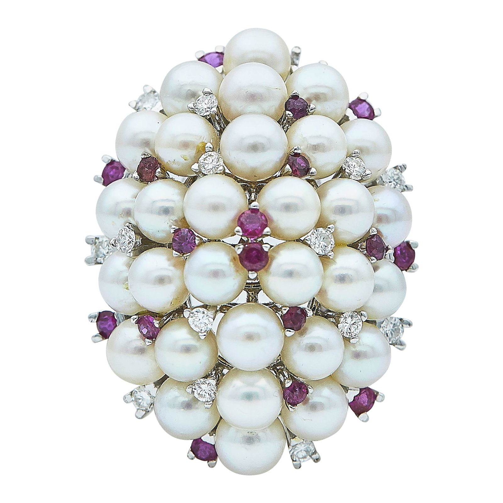 18K White Gold Pearl, Diamond, and Ruby Cocktail Ring: METAL: 18K White Gold; APPROXIMATE TOTAL DIAMOND WEIGHT: 0.42 ctw; GEMSTONES: Pearl, Ruby; STAMPED: J. Roca; TESTED: 18K White Gold; CONDITION: Pre-owned, Good; ITEM WEIGHT (GRAMS): 25.1 g; MEASUREMEN