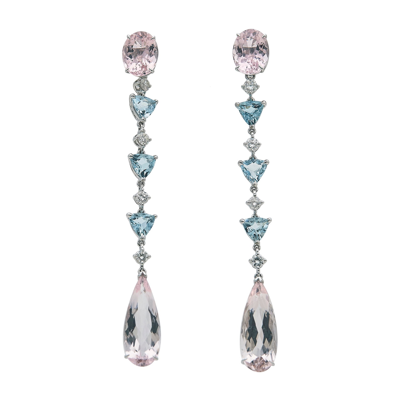 18K White Gold Morganite, Aquamarine, and Diamond Day-to-Night Drop Earrings: METAL: 18K White Gold; APPROXIMATE TOTAL DIAMOND WEIGHT: 0.48 ctw; GEMSTONES: Morganite approx. 6.60 carats total, Aquamarine approx. 1.74 carats total, Weights estimated by formula; STAMPED: Backs ma