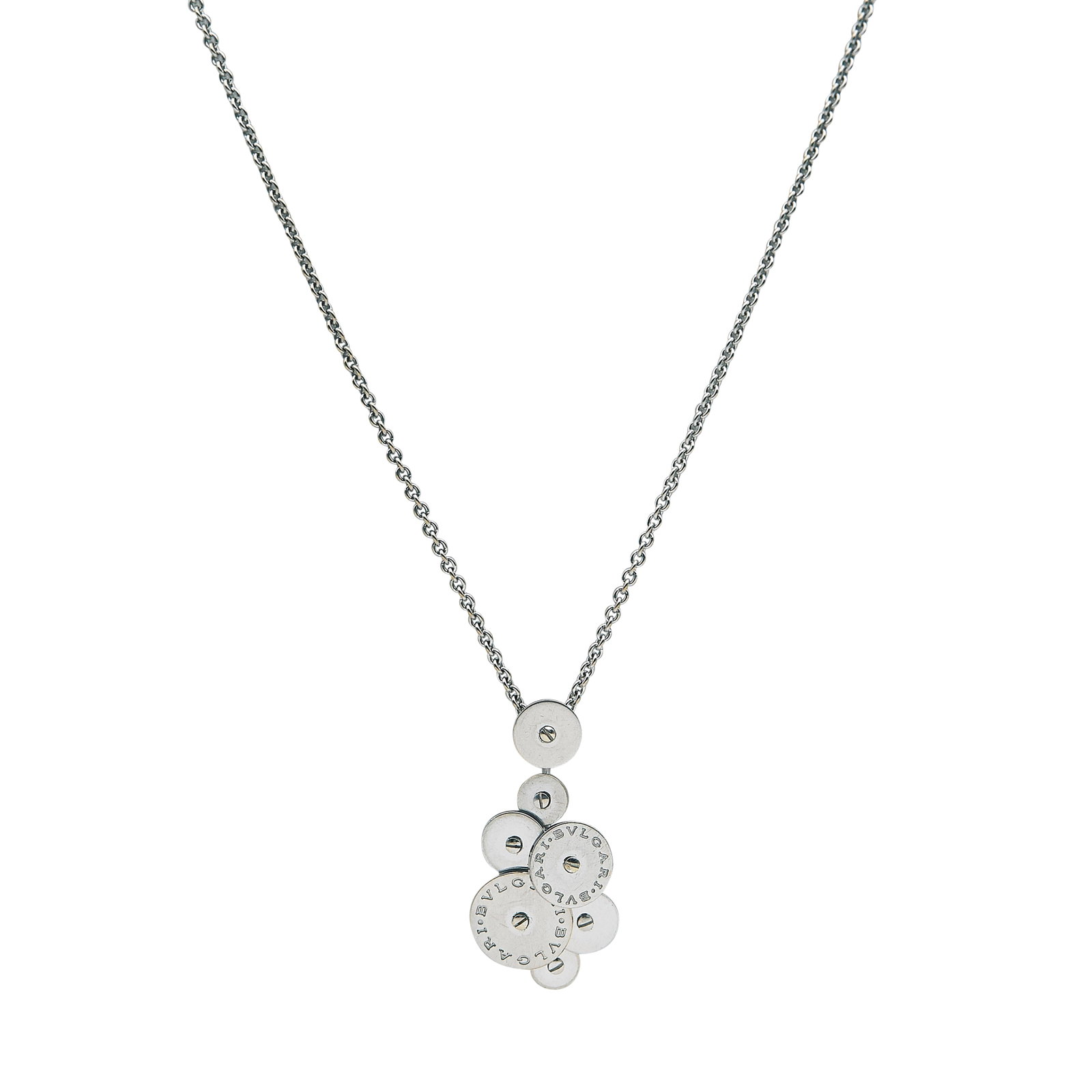 Bulgari Bvlgari Cicladi 18K White Gold Pendant Necklace: BRAND: Bulgari; COLLECTION: Cicladi; METAL: 18K White Gold; STAMPED: 750, Bvlgari, Italian workshop mark, Made In Italy; CONDITION: Pre-owned, Good; ITEM WEIGHT (GRAMS): 16 g; MEASUREMENTS: Necklace 1