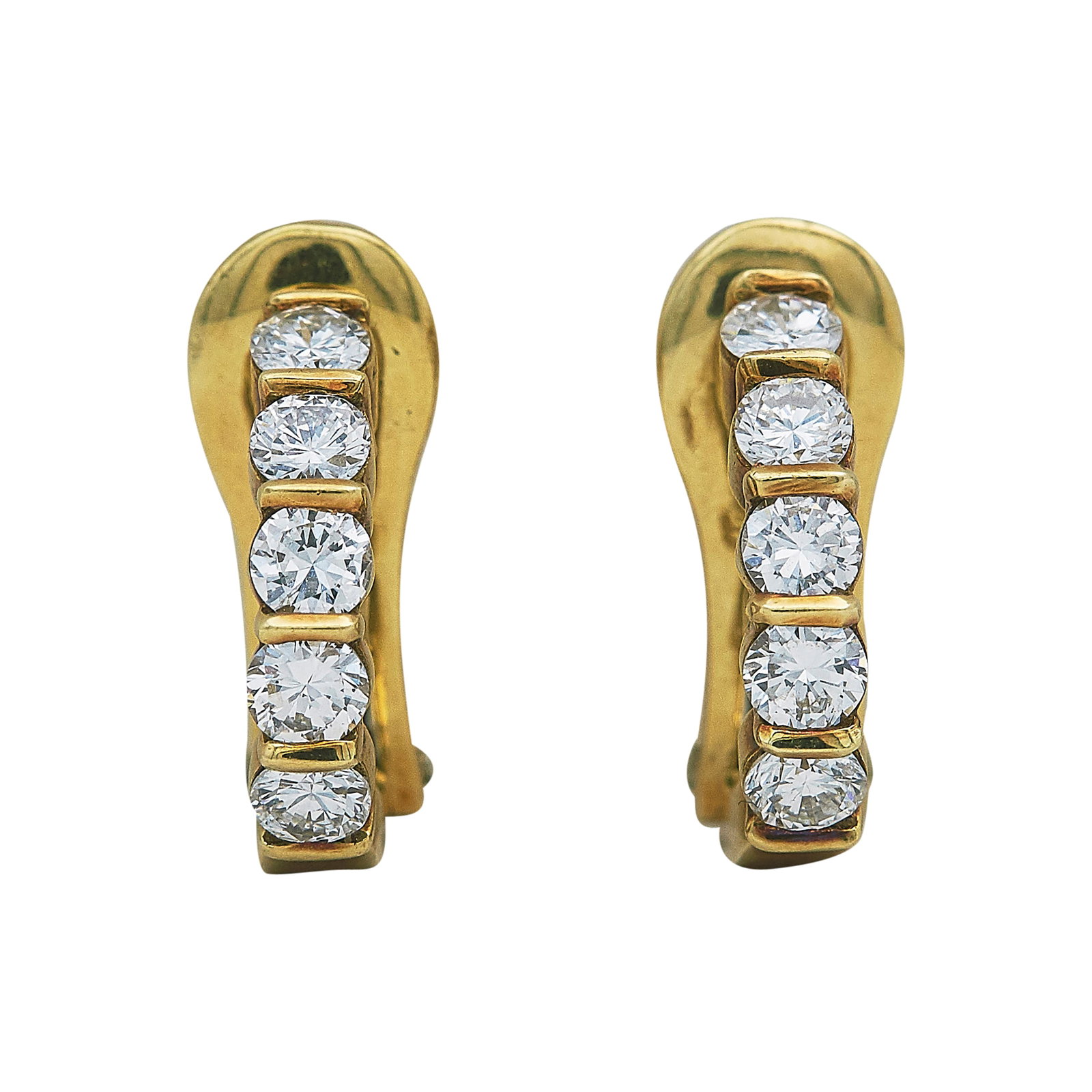 18K Yellow Gold and Diamond Huggie Earrings: METAL: 18K Yellow Gold; APPROXIMATE TOTAL DIAMOND WEIGHT: 1 ctw; STAMPED: 18K; CONDITION: Pre-owned, Good; ITEM WEIGHT (GRAMS): 6.4 g; MEASUREMENTS: Earrings 5/8 inch long x 1/8 inch wide; ADDITIONAL 