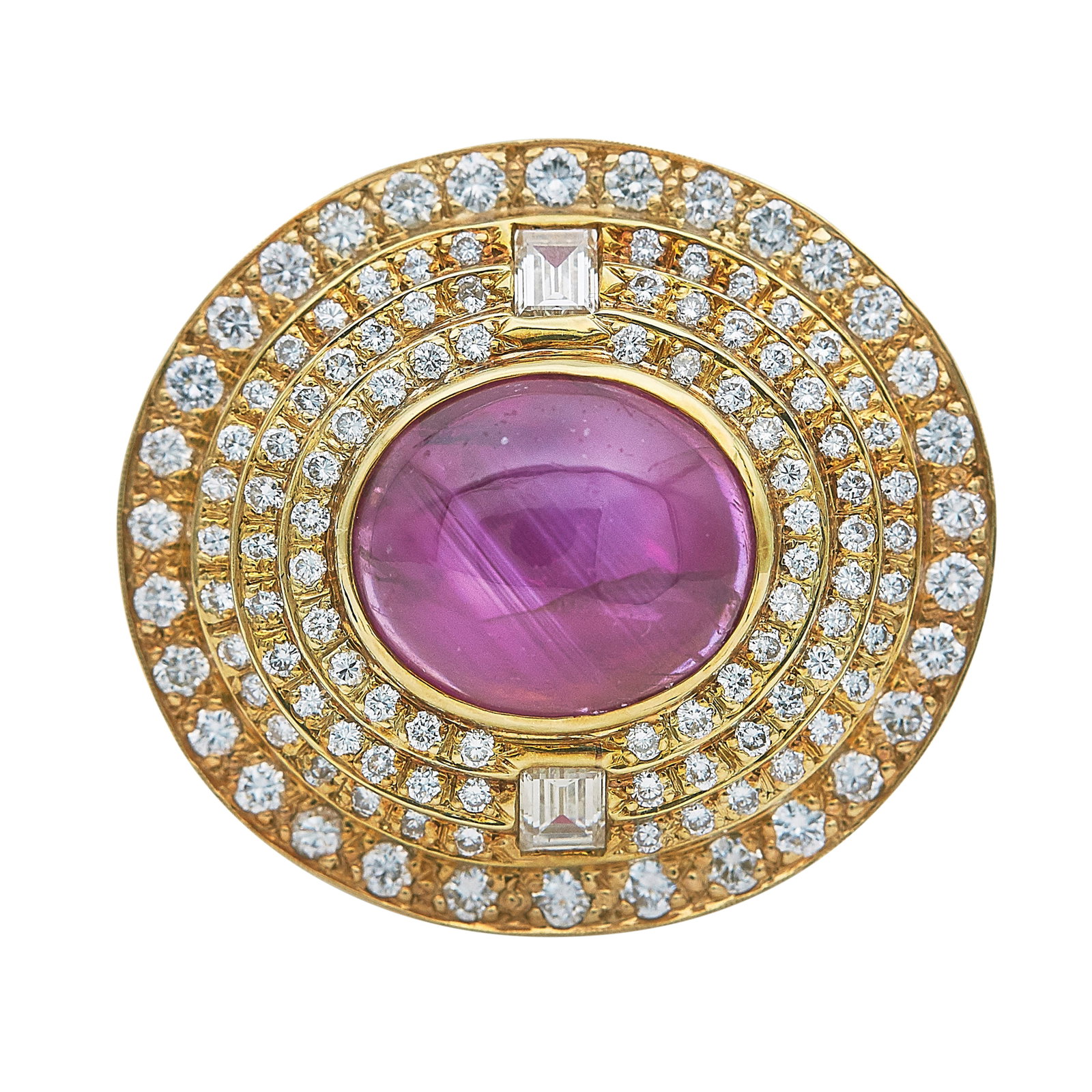 18K Yellow Gold Star Ruby and Diamond Pendant: METAL: 18K Yellow Gold; APPROXIMATE TOTAL DIAMOND WEIGHT: 2 ctw; GEMSTONES: Ruby approx. 10.08 carats, Weight estimated by formula; STAMPED: 18K; CONDITION: Pre-owned, Good; ITEM WEIGHT (GRAMS): 14.2 