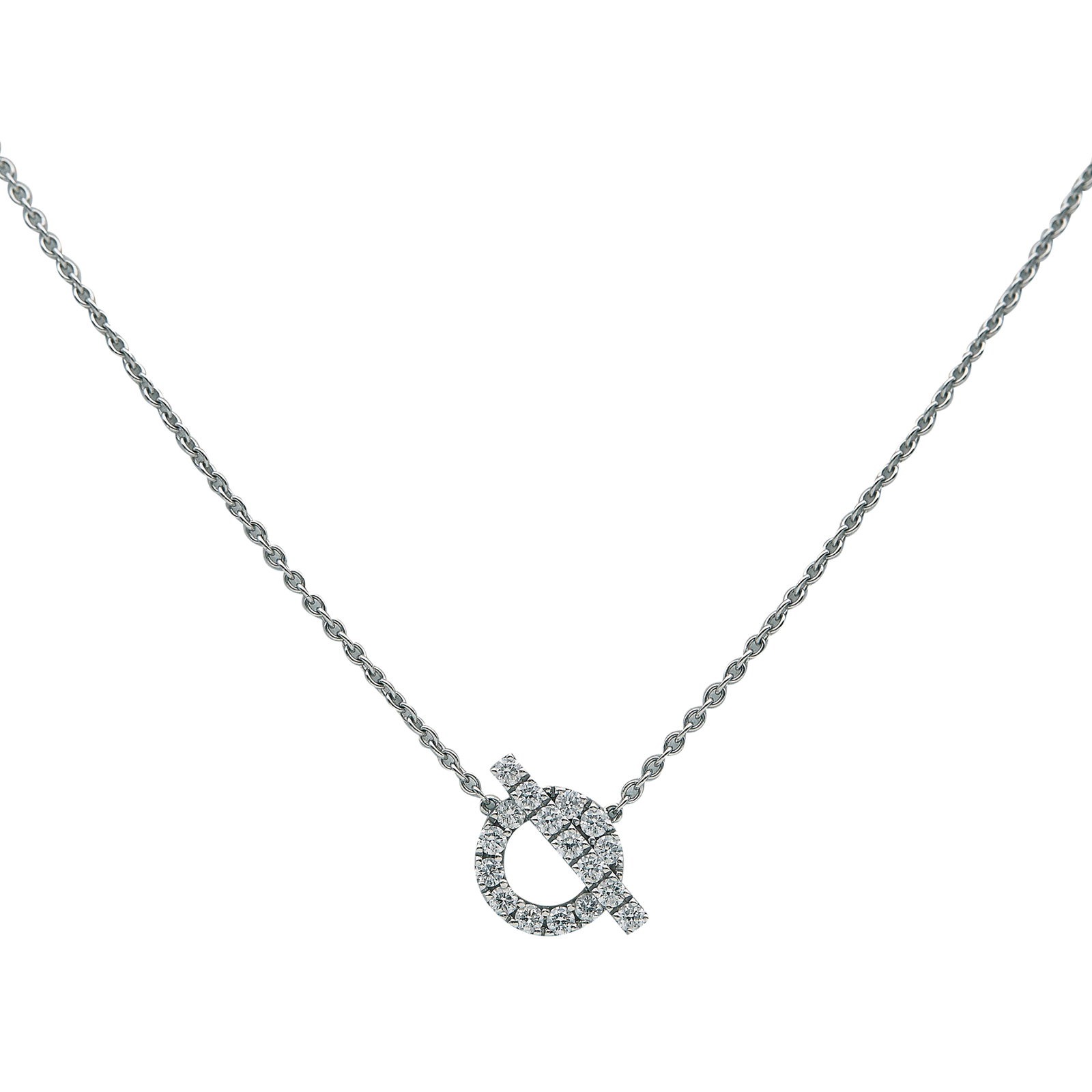 Hermès Finesse 18K White Gold and Diamond Pendant Necklace: BRAND: Hermès; COLLECTION: Finesse; METAL: 18K White Gold; APPROXIMATE TOTAL DIAMOND WEIGHT: 0.51 ctw; STAMPED: Serial number, Au 750, Hermès, Made in France, French marks; CONDITION: Pre-owned, Ver
