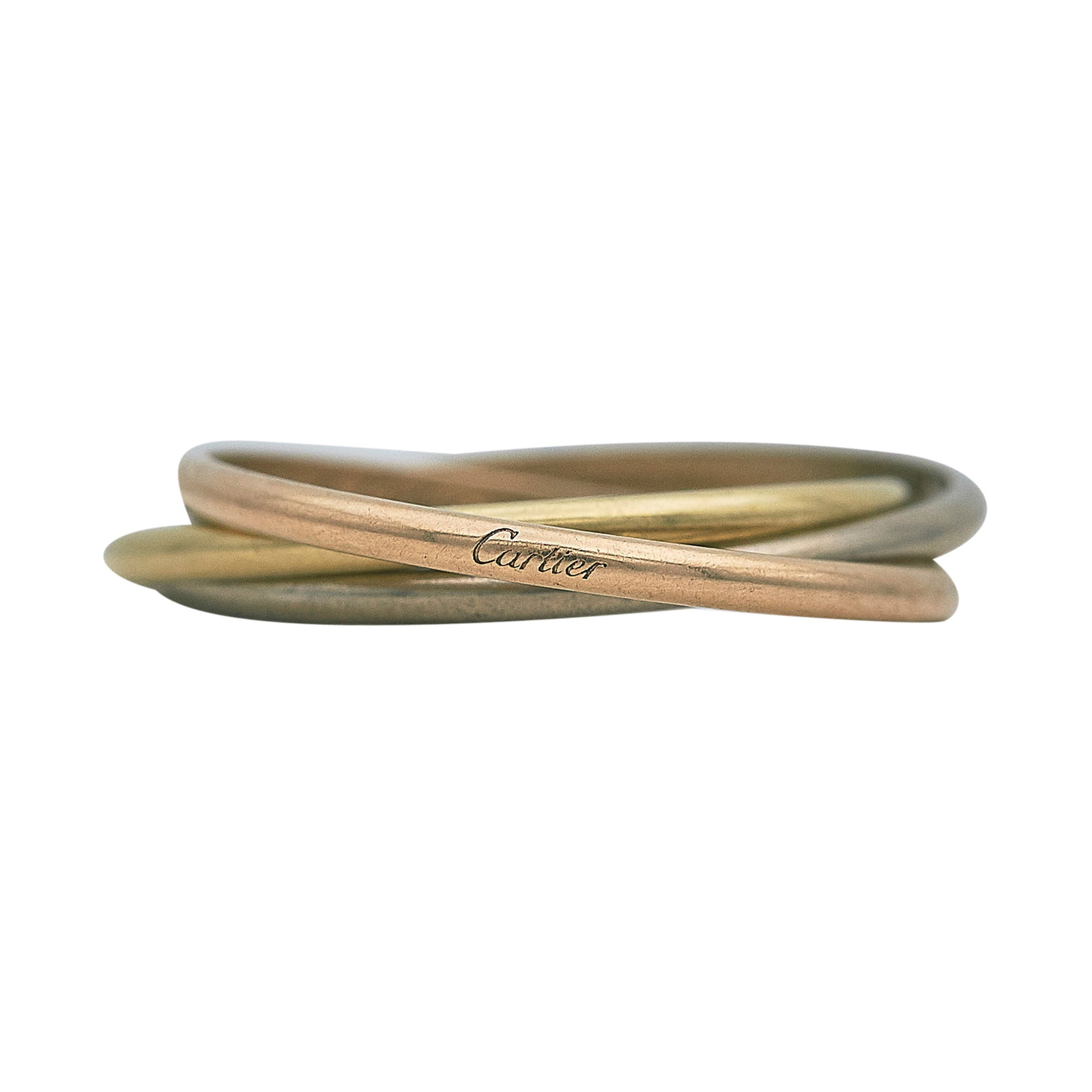Cartier Trinity 18K Tri-Color Ring: BRAND: Cartier; COLLECTION: Trinity; METAL: 18K Tri-Color; STAMPED: ©Cartier, Au 750, Serial number, 59, Maker's mark; CONDITION: Pre-owned, Good; ITEM WEIGHT (GRAMS): 3.8 g; MEASUREMENTS: Cartier ri