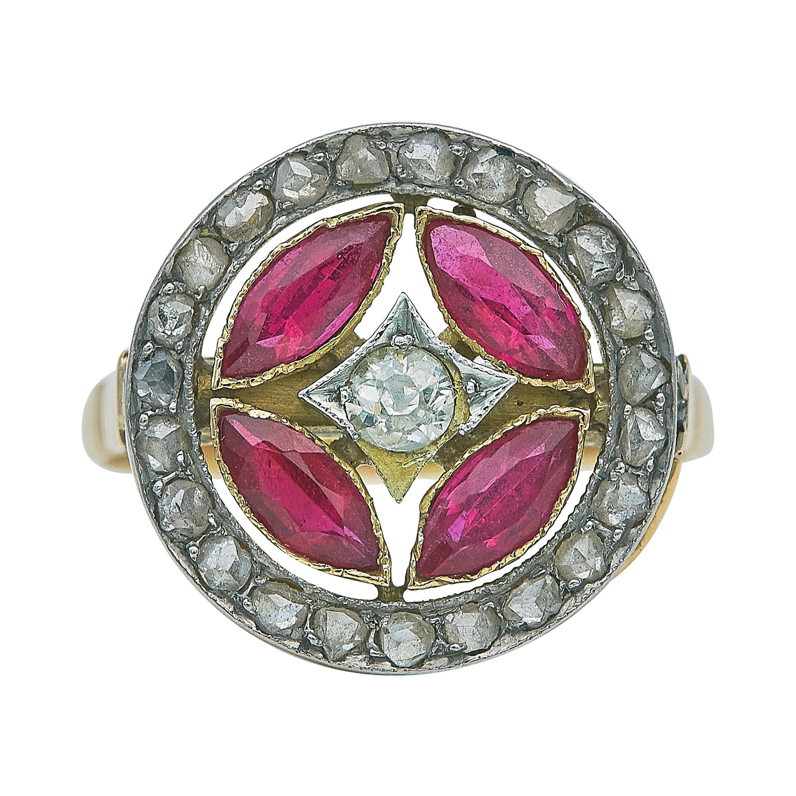 Platinum Topped 18K Yellow Gold Synthetic Ruby and Diamond Ring (1 of 3)