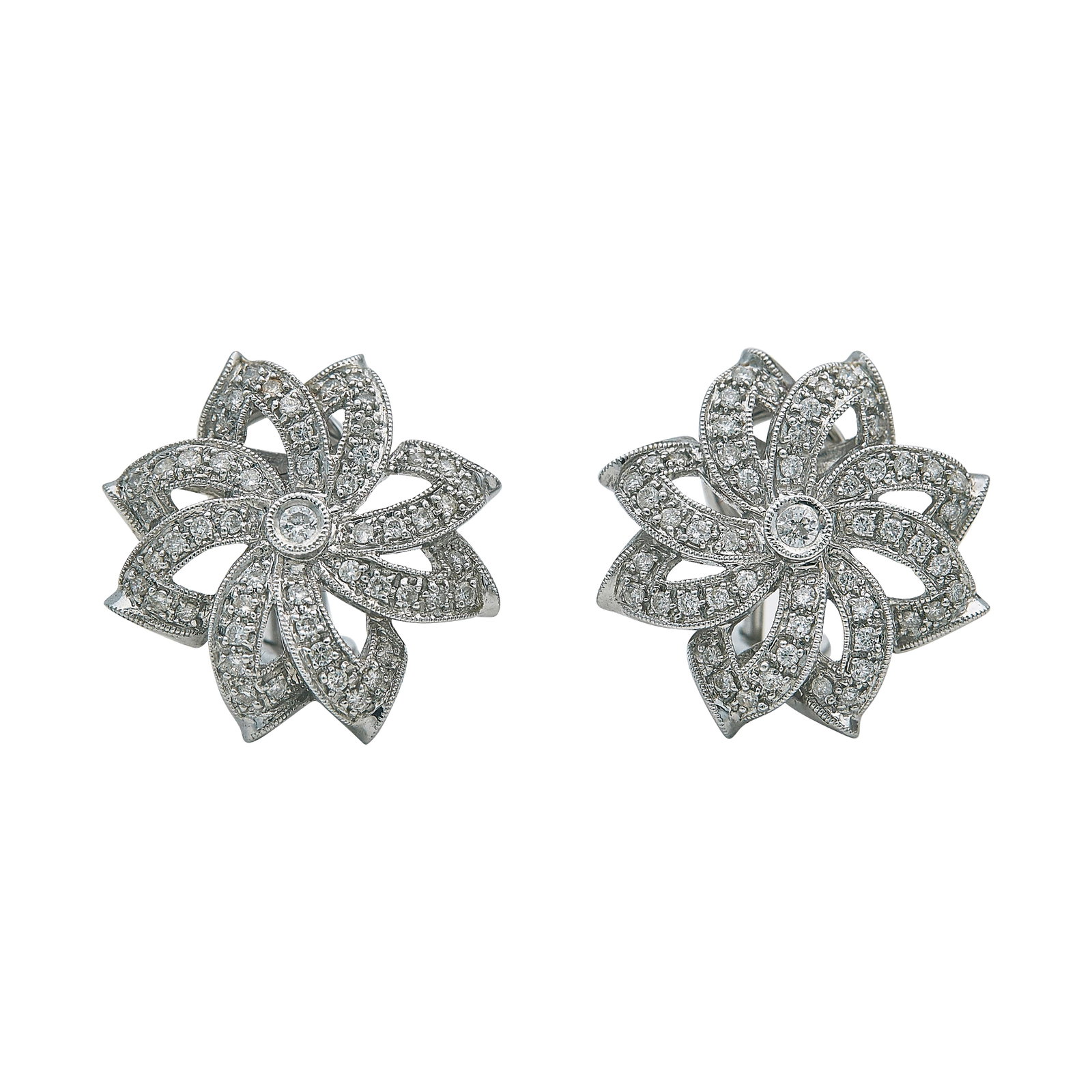 18K White Gold Diamond Flower Earrings: METAL: 18K White Gold; APPROXIMATE TOTAL DIAMOND WEIGHT: 1.26 ctw; STAMPED: 18K, 750, A4, Maker's mark; CONDITION: Pre-owned, Good; ITEM WEIGHT (GRAMS): 10.9 g; MEASUREMENTS: Earring 15/16 inch in dia