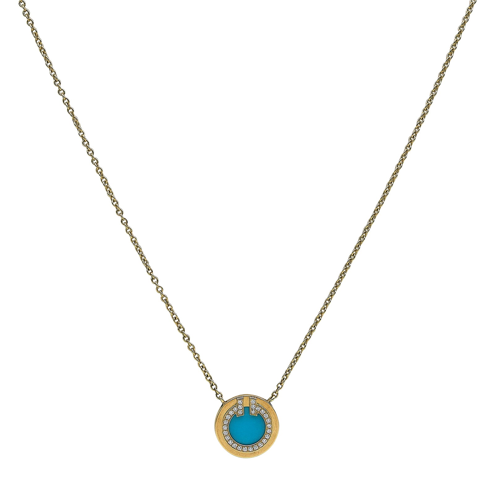 Tiffany & Co. T Collection 18K Yellow Gold Turquoise and Diamond Pendant Necklace: BRAND: Tiffany & Co.; COLLECTION: Tiffany T; METAL: 18K Yellow Gold; APPROXIMATE TOTAL DIAMOND WEIGHT: 0.07 ctw; GEMSTONES: Turquoise; STAMPED: Tiffany & Co. Au 750, Italy; CONDITION: Pre-owned, Very 