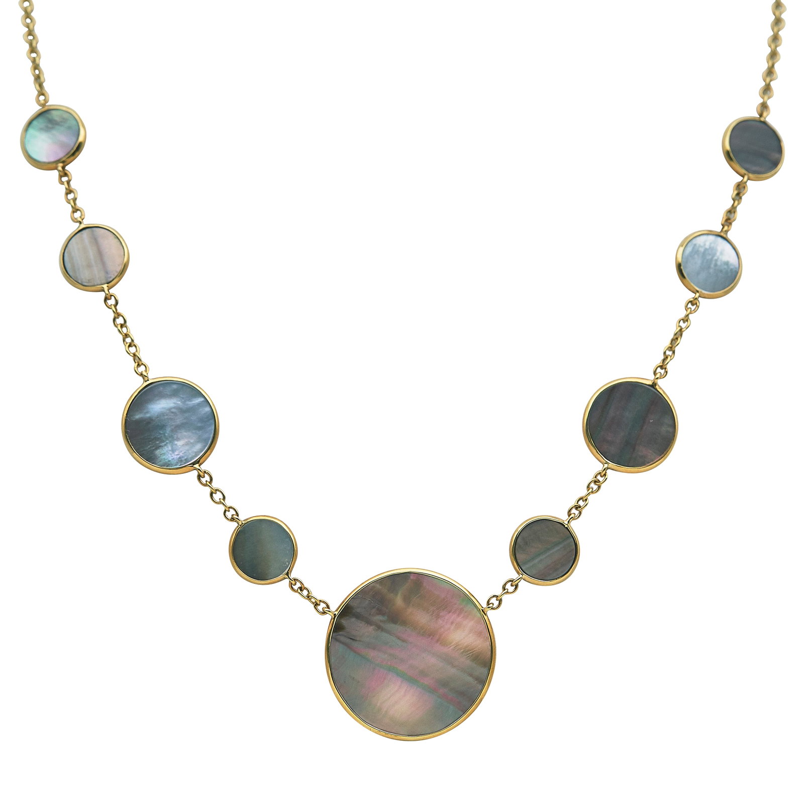 Ippolita Lollipop 18K Yellow Gold and Mother-of-Pearl Necklace: BRAND: Ippolita; COLLECTION: Lollipop; METAL: 18K Yellow Gold; GEMSTONES: Mother-of-Pearl; STAMPED: IPPOLITA, 18K; CONDITION: Pre-owned, Good; ITEM WEIGHT (GRAMS): 12.1 g; MEASUREMENTS: Necklace 17 1/