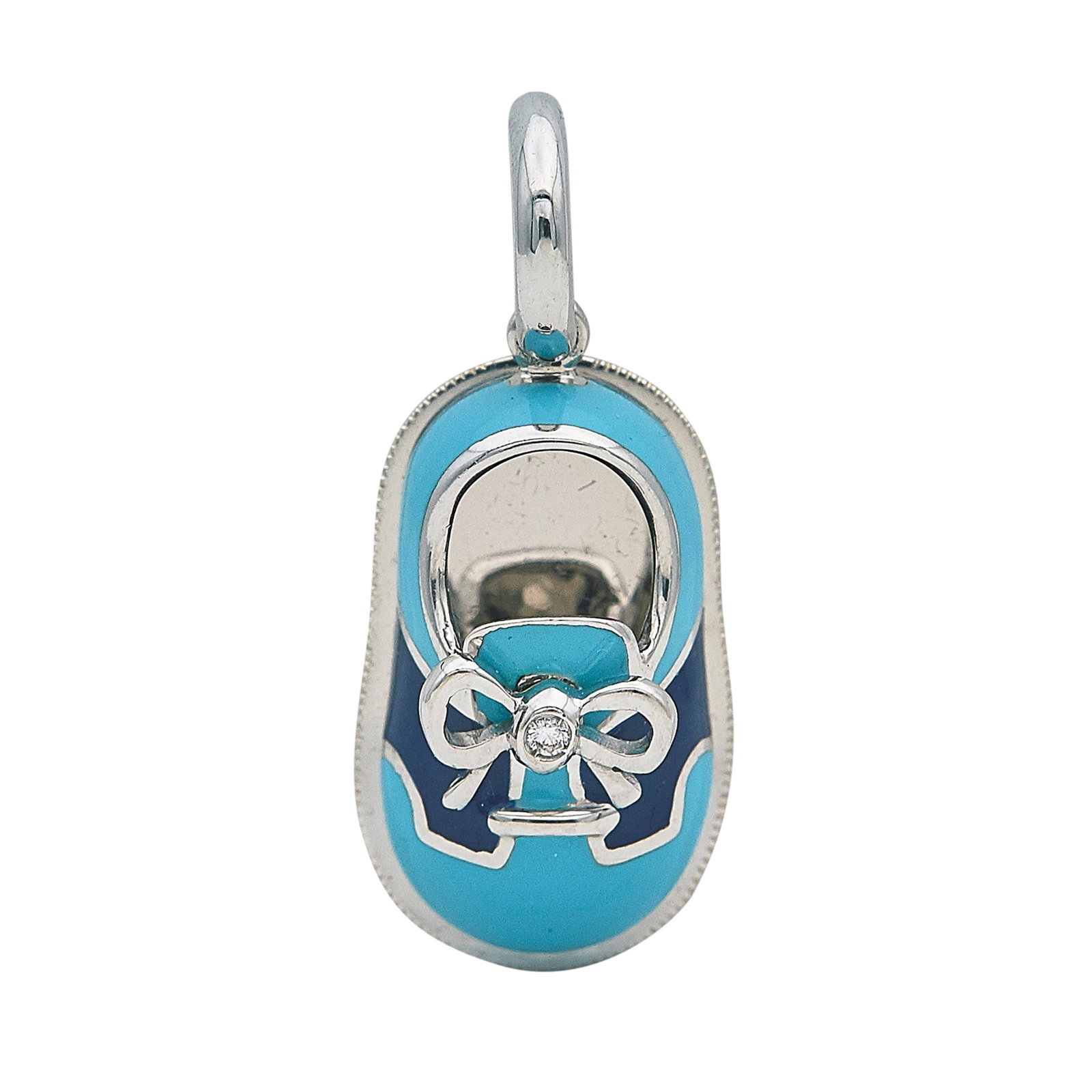 Aaron Basha 18K White Gold Blue Enamel and Diamond Shoe Charm: BRAND: Aaron Basha; METAL: 18K White Gold; APPROXIMATE TOTAL DIAMOND WEIGHT: 0.02 ctw; GEMSTONES: Enamel; STAMPED: Aaron Basha, 750, Italian Maker's Mark; CONDITION: Pre-owned, Very Good; ITEM WEIGHT 