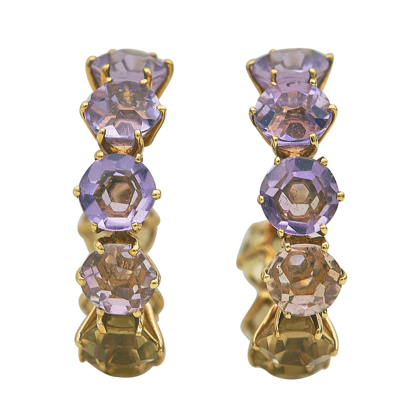 Ippolita 18K Yellow Gold Amethyst and Citrine Hoop Earrings: BRAND: Ippolita; METAL: 18K Yellow Gold; GEMSTONES: Amethyst, Citrine; STAMPED: Ippolita, 18K; CONDITION: Pre-owned, Very Good; ITEM WEIGHT (GRAMS): 9 g; MEASUREMENTS: Earrings 1 inch in diameter x 3/