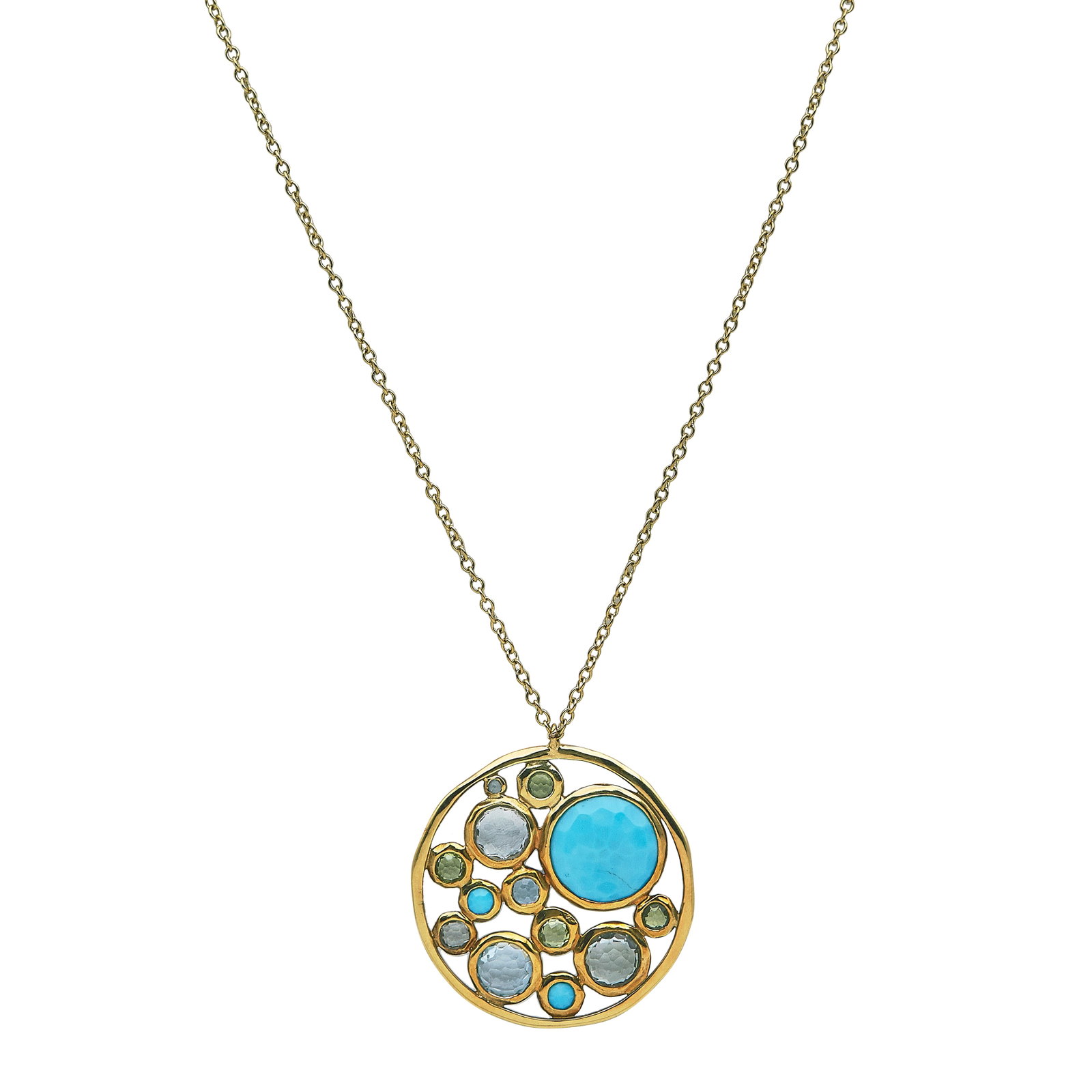 Ippolita Rock Candy 18K Yellow Gold Multicolored Gemstone Pendant Necklace: BRAND: Ippolita; COLLECTION: Rock Candy; METAL: 18K Yellow Gold; GEMSTONES: Turquoise, Citrine, Blue Topaz; STAMPED: Chain marked: 750; Pendant marked: IPPOLITA, 18K; CONDITION: Pre-owned, Good; ITEM
