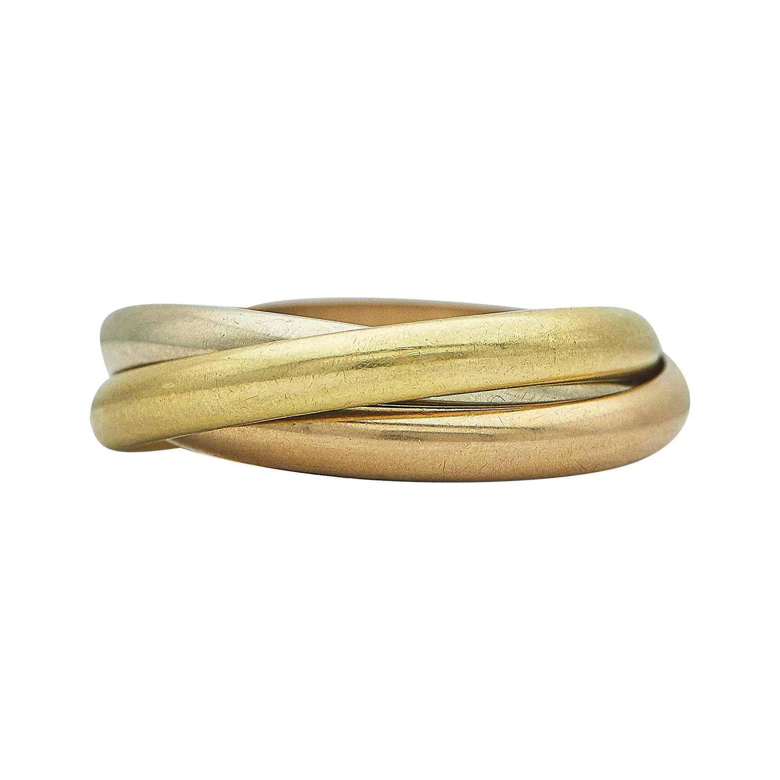 Cartier Must de Cartier 18K Tri-Color Ring: BRAND: Cartier; COLLECTION: Must de Cartier; METAL: 18K Tri-Color; STAMPED: Les Must de Cartier, French marks, 750, 69, Serial number; CONDITION: Pre-owned, Good; ITEM WEIGHT (GRAMS): 13.41 g;