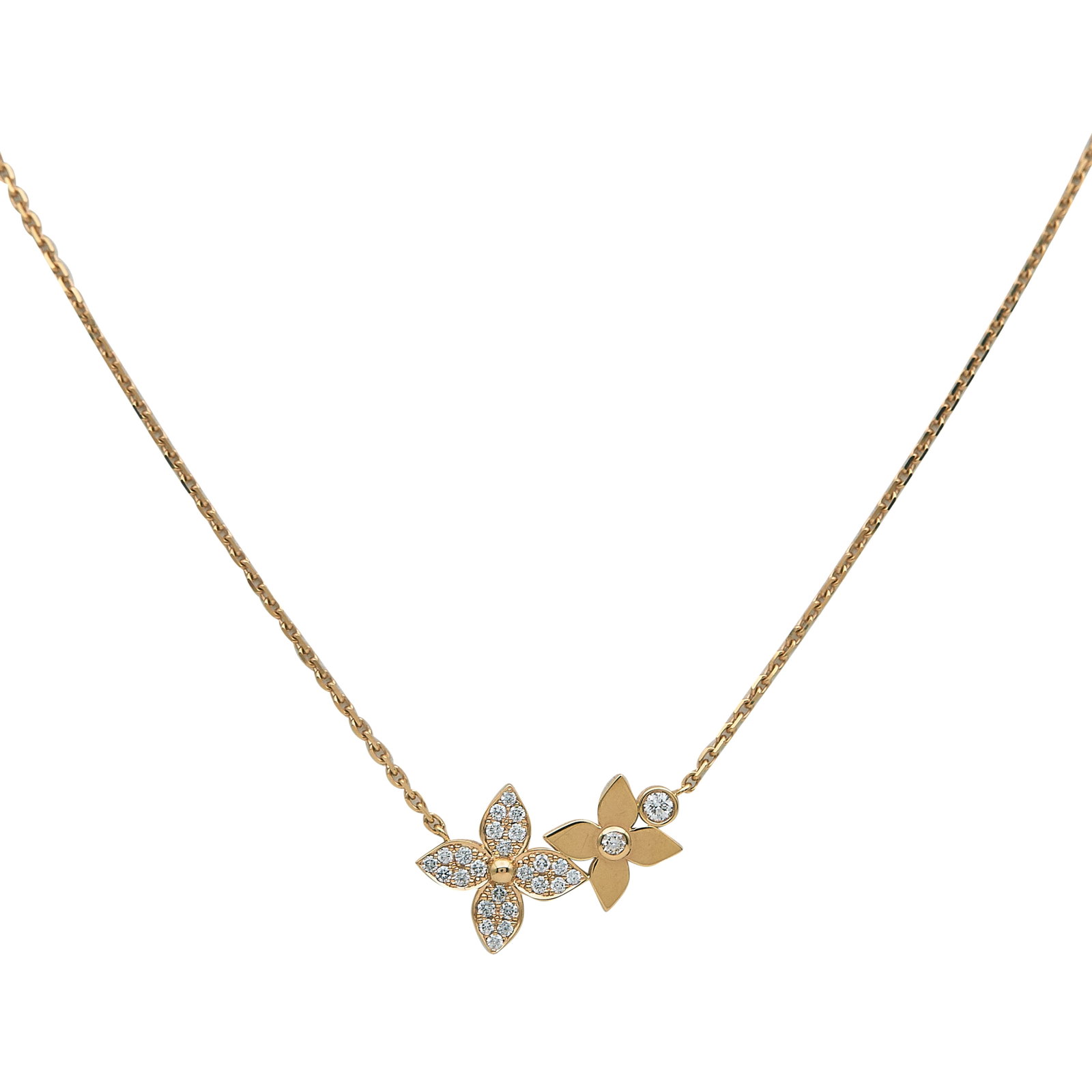 Louis Vuitton Idylle Blossom 18K Rose Gold and Diamond Necklace: BRAND: Louis Vuitton; METAL: 18K Rose Gold; APPROXIMATE TOTAL DIAMOND WEIGHT: 0.20 ctw; STAMPED: Pendant: Au 750, Serial number, Louis Vuitton, Made in France; Chain: LV, French marks; CONDITION: