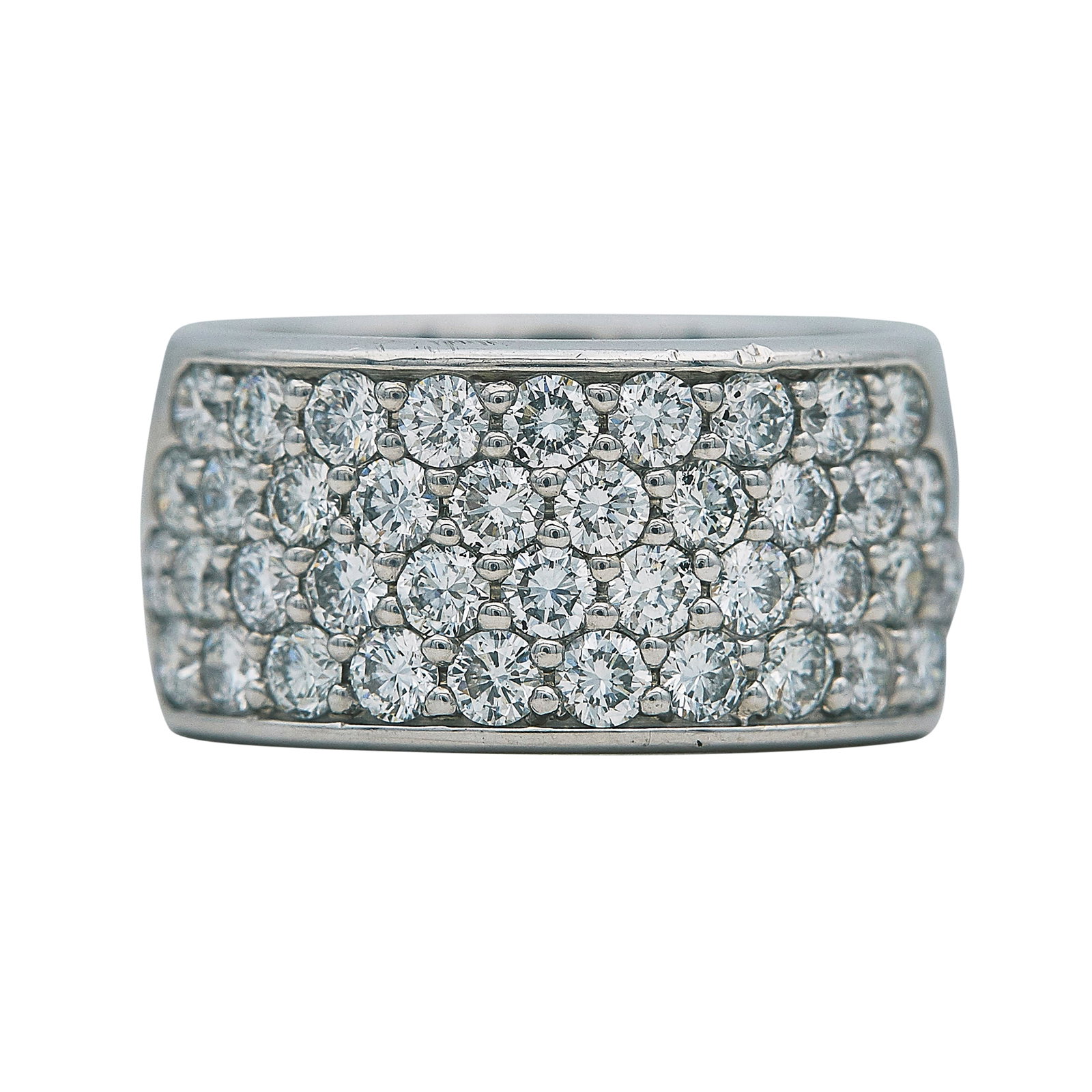 18K White Gold Diamond Pavé Cigar Band Ring: METAL: 18K White Gold; APPROXIMATE TOTAL DIAMOND WEIGHT: 1.52 ctw; STAMPED: 18K, Maker's Mark; CONDITION: Pre-owned, Good; ITEM WEIGHT (GRAMS): 10.4 g; MEASUREMENTS: Ring size 7