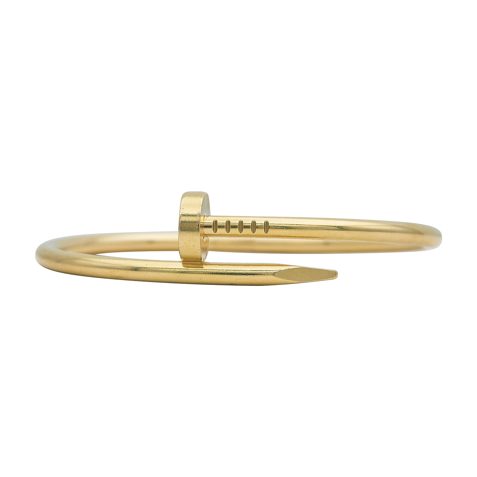 18K Yellow Gold Nail Bangle Bracelet: METAL: 18K Yellow Gold; STAMPED: Spurious marks; CONDITION: Pre-owned, Good; ITEM WEIGHT (GRAMS): 33.4 g; MEASUREMENTS: Interior circumference approx. 6 1/2 inches