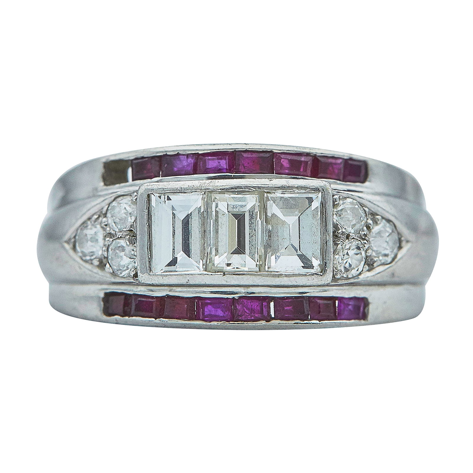 Platinum Art Deco Diamond and Ruby Ring: METAL: Platinum; APPROXIMATE TOTAL DIAMOND WEIGHT: 0.90 ctw; GEMSTONES: Ruby; STAMPED: 622 Plat., Unidentified mark; CONDITION: Pre-owned, Good; ITEM WEIGHT (GRAMS): 8.2 g; MEASUREMENTS: Ring size 7 1