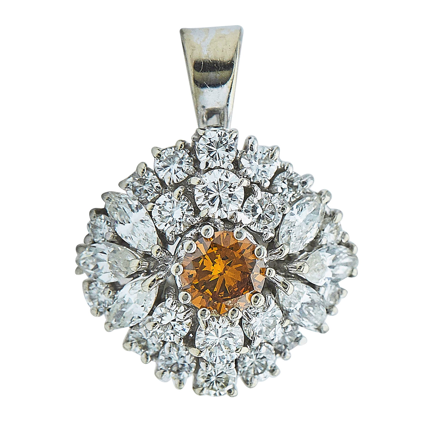14K White Gold Diamond Cluster and CZ Pendant: METAL: 14K White Gold; APPROXIMATE TOTAL DIAMOND WEIGHT: 1.91 ctw; GEMSTONES: Cubic Zirconia; TESTED: 14K White Gold; CONDITION: Pre-owned, Very Good; ITEM WEIGHT (GRAMS): 4.3 g; MEASUREMENTS: