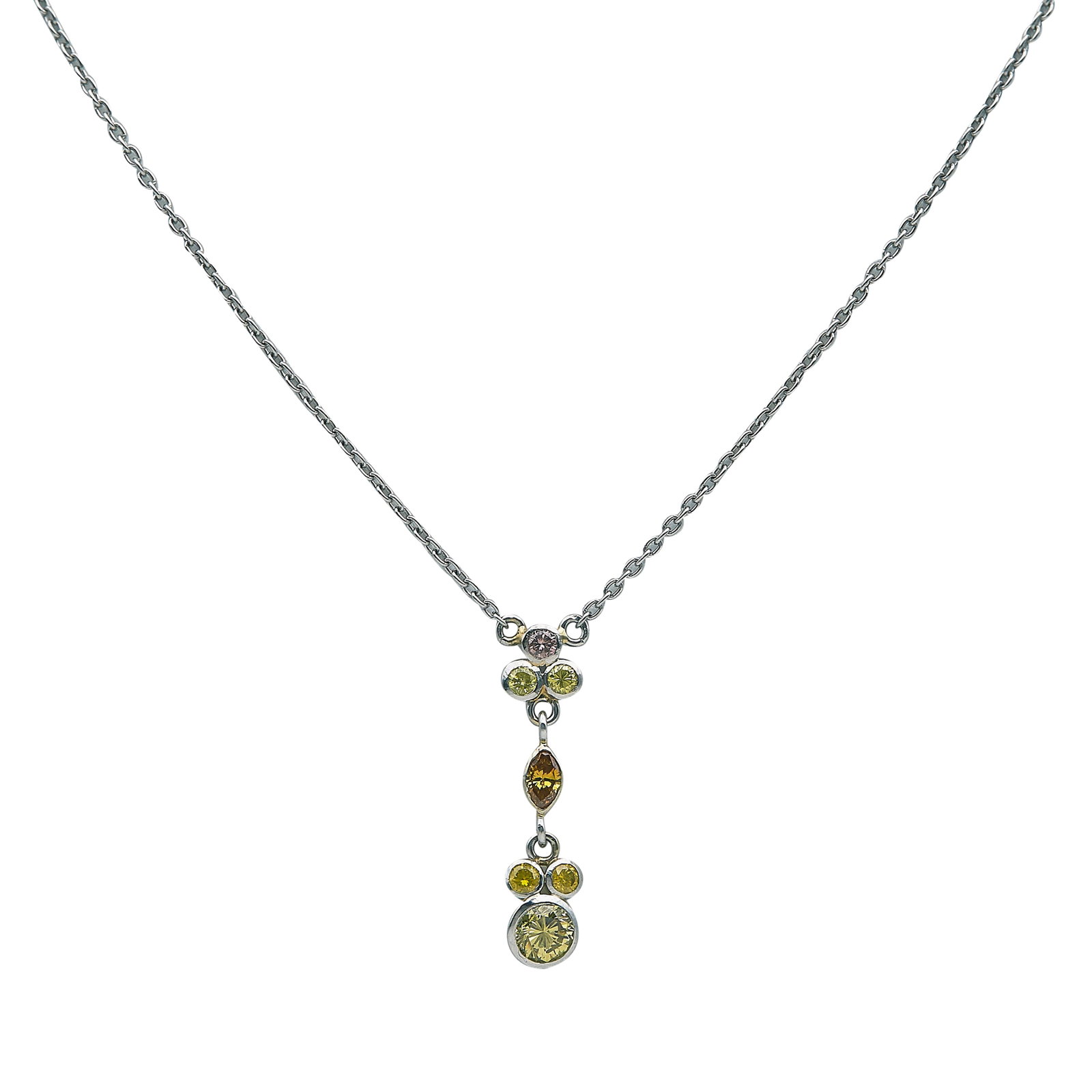 Platinum and Multicolored Diamond Pendant Necklace: METAL: Platinum; GEMSTONES: Fancy colored diamonds approx. 0.75 carats; STAMPED: Pt. 950, Italy; CONDITION: Pre-owned, Good; ITEM WEIGHT (GRAMS): 4.7 g; MEASUREMENTS: Chain 16 1/4 inches long, Pendant
