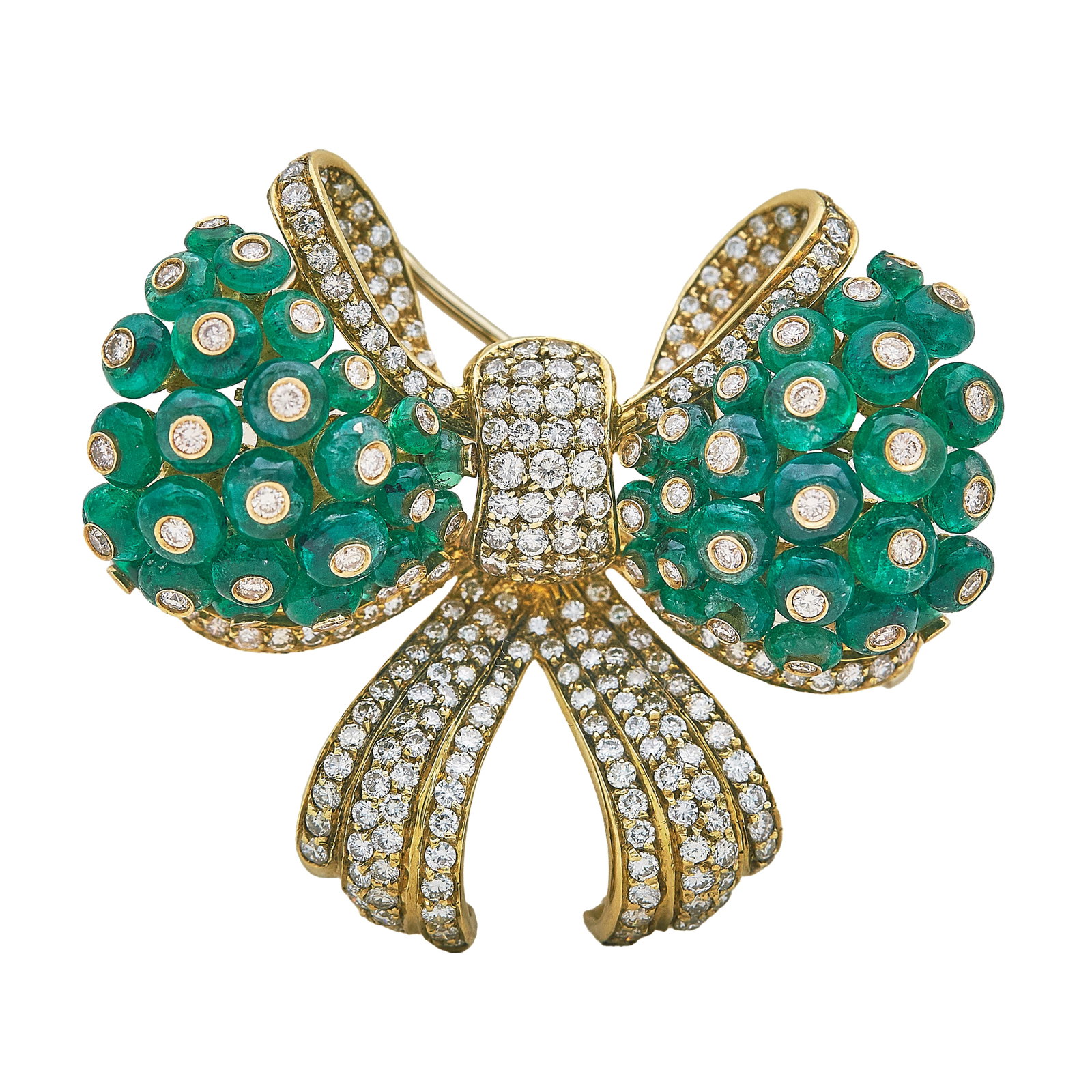 Giovane 18K Yellow Gold Emerald and Diamond Bow Pin Brooch: BRAND: Giovane; METAL: 18K Yellow Gold; APPROXIMATE TOTAL DIAMOND WEIGHT: 3.25 ctw; GEMSTONES: Emerald; STAMPED: 18K, Italy, Goivane, Italian workshop mark; TESTED: 18K Yellow Gold; CONDITION: Pre-own