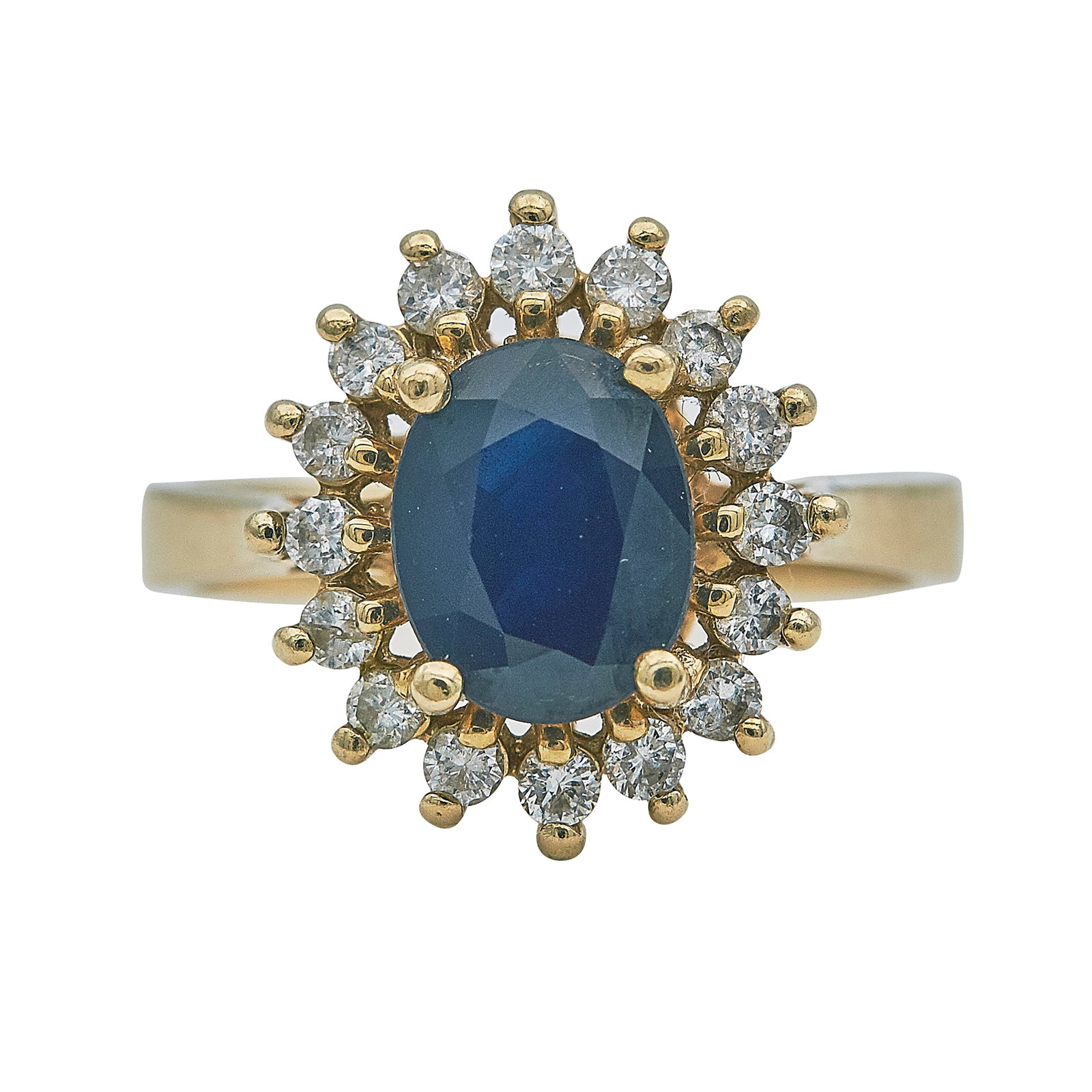 14K Yellow Gold Oval Cut Sapphire and Diamond Ring: METAL: 14K Yellow Gold; APPROXIMATE TOTAL DIAMOND WEIGHT: 0.48 ctw; GEMSTONES: Sapphire approx. 1.81 carats, Weight estimated by formula; STAMPED: 14K, BM; CONDITION: Pre-owned, Good; ITEM WEIGHT (GRA