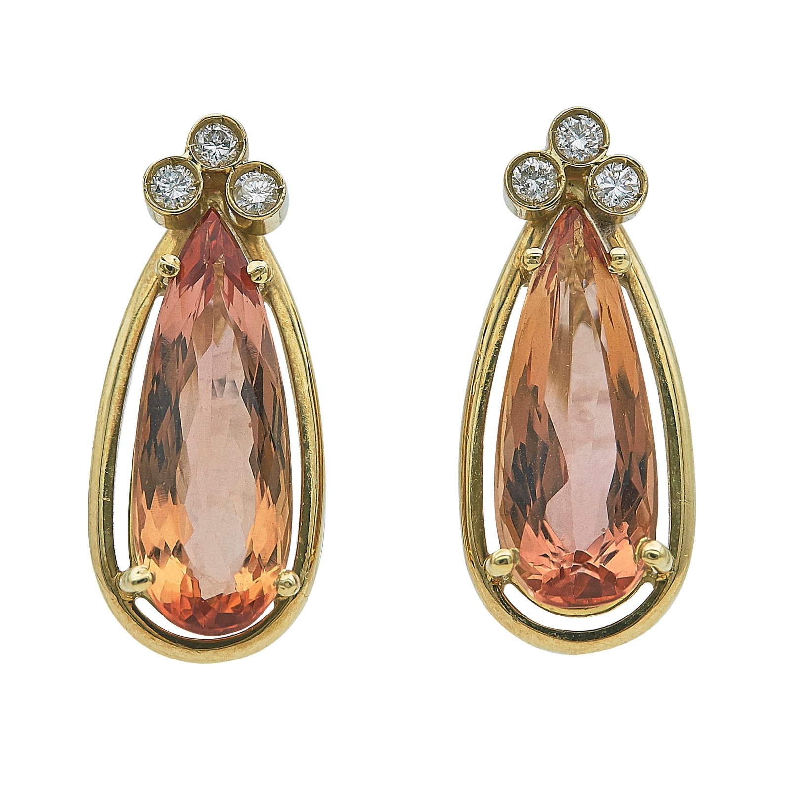 18K Yellow Gold Topaz and Diamond Earrings: METAL: 18K Yellow Gold; APPROXIMATE TOTAL DIAMOND WEIGHT: 0.18 ctw; GEMSTONES: Topaz approx. 17.7mm long x 6.75mm wide; STAMPED: Backs marked: 18K; TESTED: 18K Yellow Gold; CONDITION: Pre-owned, Very 