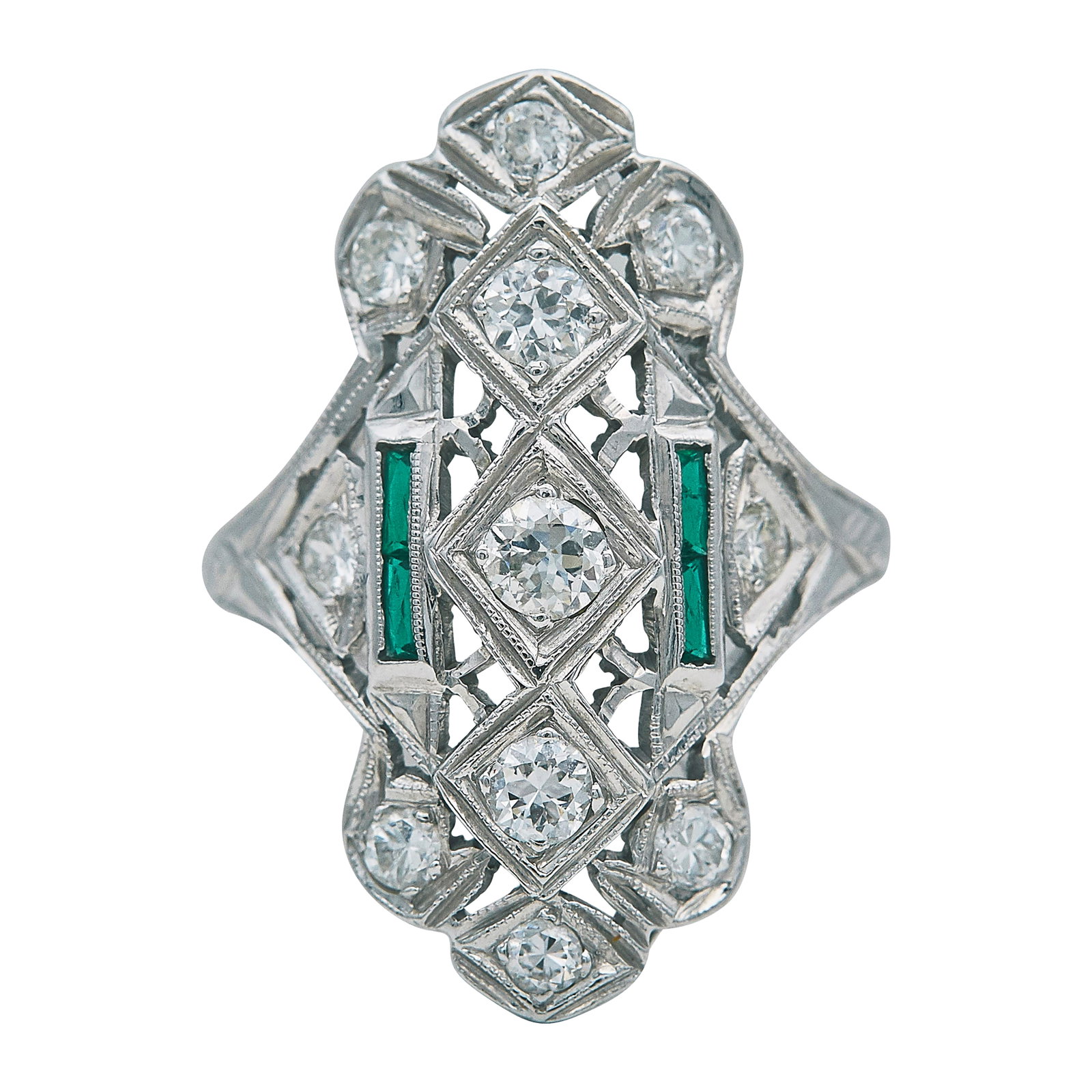 Art Deco Style 18K White Gold Diamond and Emerald Plaque Ring: METAL: 18K White Gold; APPROXIMATE TOTAL DIAMOND WEIGHT: 1 ctw; GEMSTONES: Emerald; STAMPED: 18K; CONDITION: Pre-owned, Good; ITEM WEIGHT (GRAMS): 4.3 g; MEASUREMENTS: Ring size 6 1/2; Diamonds and ge