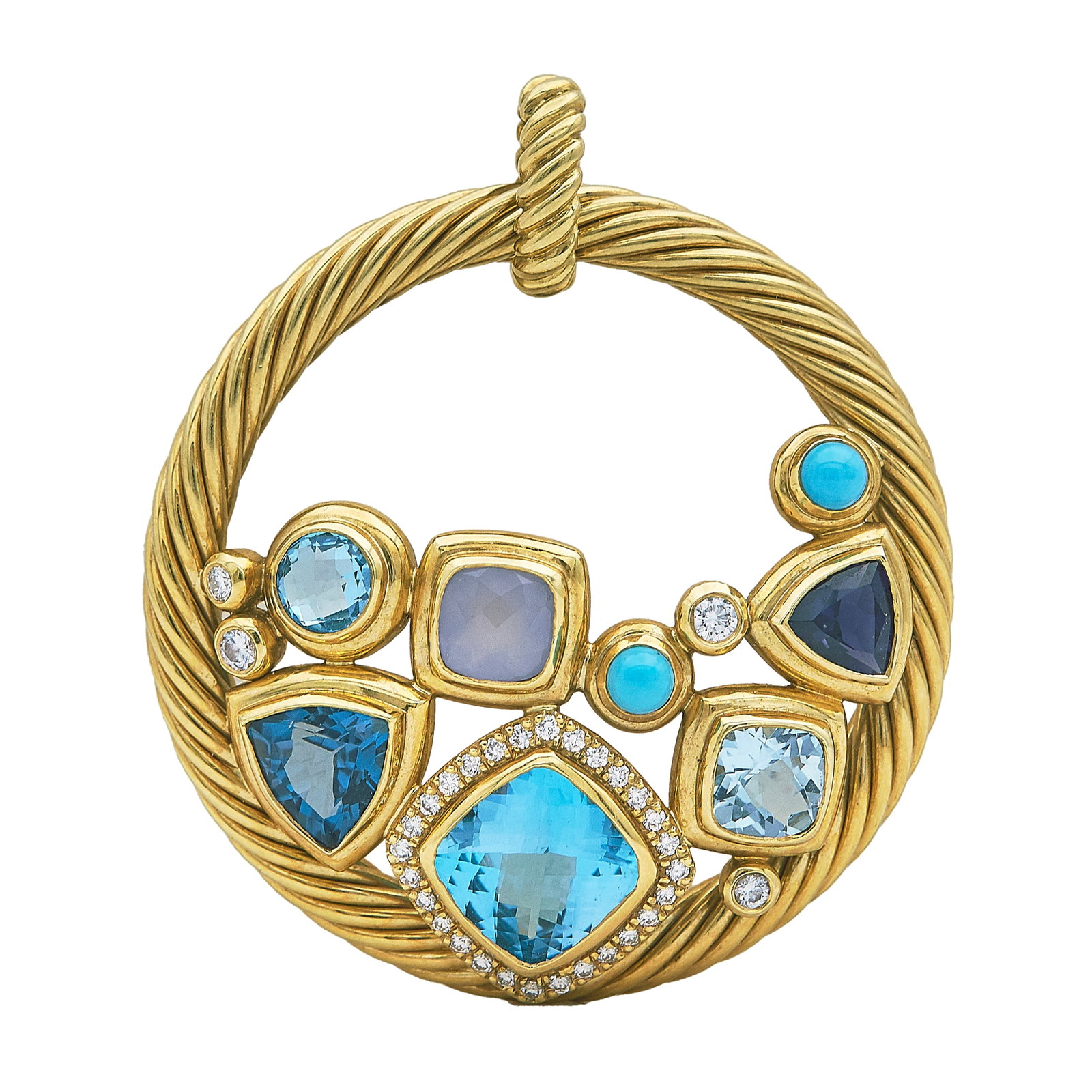 David Yurman 18K Yellow Gold Blue Topaz, Aquamarine, Iolite, Chalcedony, Turquoise, and Diamond: BRAND: David Yurman; METAL: 18K Yellow Gold; APPROXIMATE TOTAL DIAMOND WEIGHT: 0.64 ctw; GEMSTONES: Blue Topaz, Aquamarine, Iolite, Chalcedony, and Turquoise; STAMPED: © DY, 750; CONDITION: Pre-owned