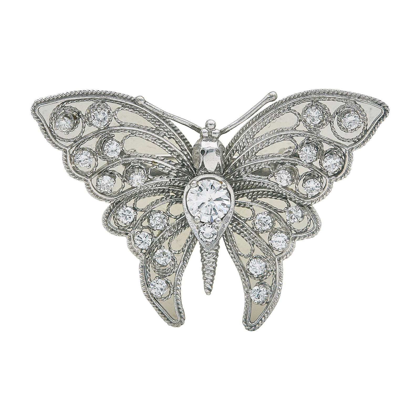 14K White Gold and Diamond Butterfly Pin Brooch: METAL: 14K White Gold; APPROXIMATE TOTAL DIAMOND WEIGHT: 1.76 ctw; STAMPED: 14K; CONDITION: Pre-owned, Very Good; ITEM WEIGHT (GRAMS): 9.2 g; MEASUREMENTS: Brooch 1 5/16 inch long x 1 13/16 inch wide